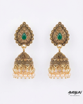 Auralin Antique Gold Jhumka Earrings with Green Stone & Pearl Drops