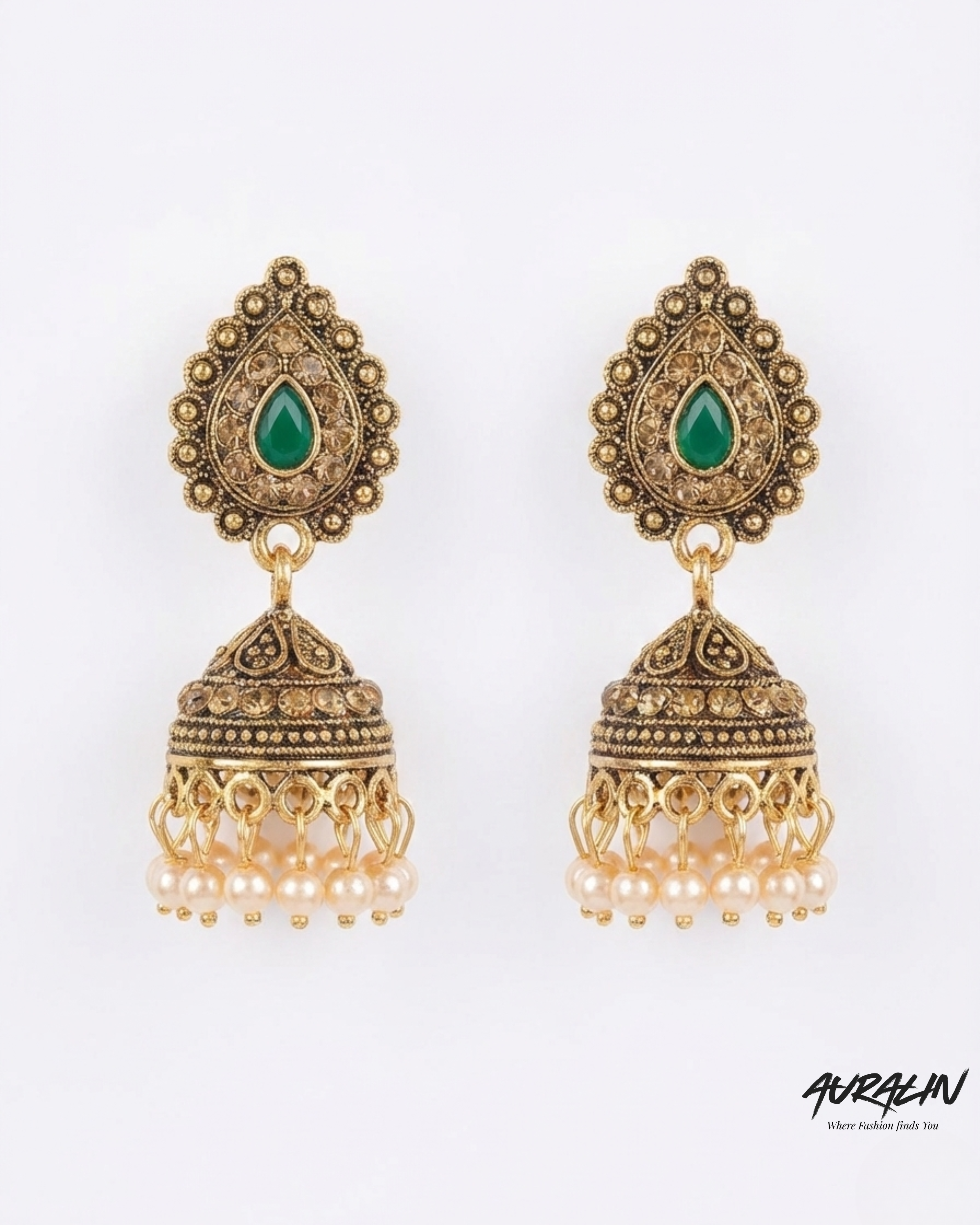 Auralin Antique Gold Jhumka Earrings with Green Stone & Pearl Drops