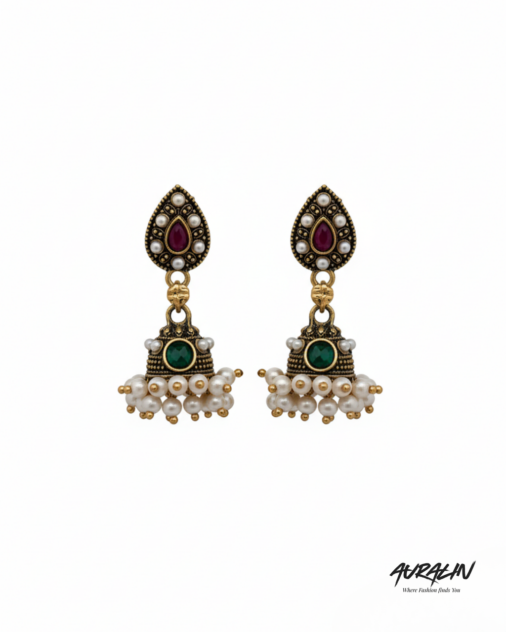 Auralin Pearl Drop Antique Jhumka Earrings