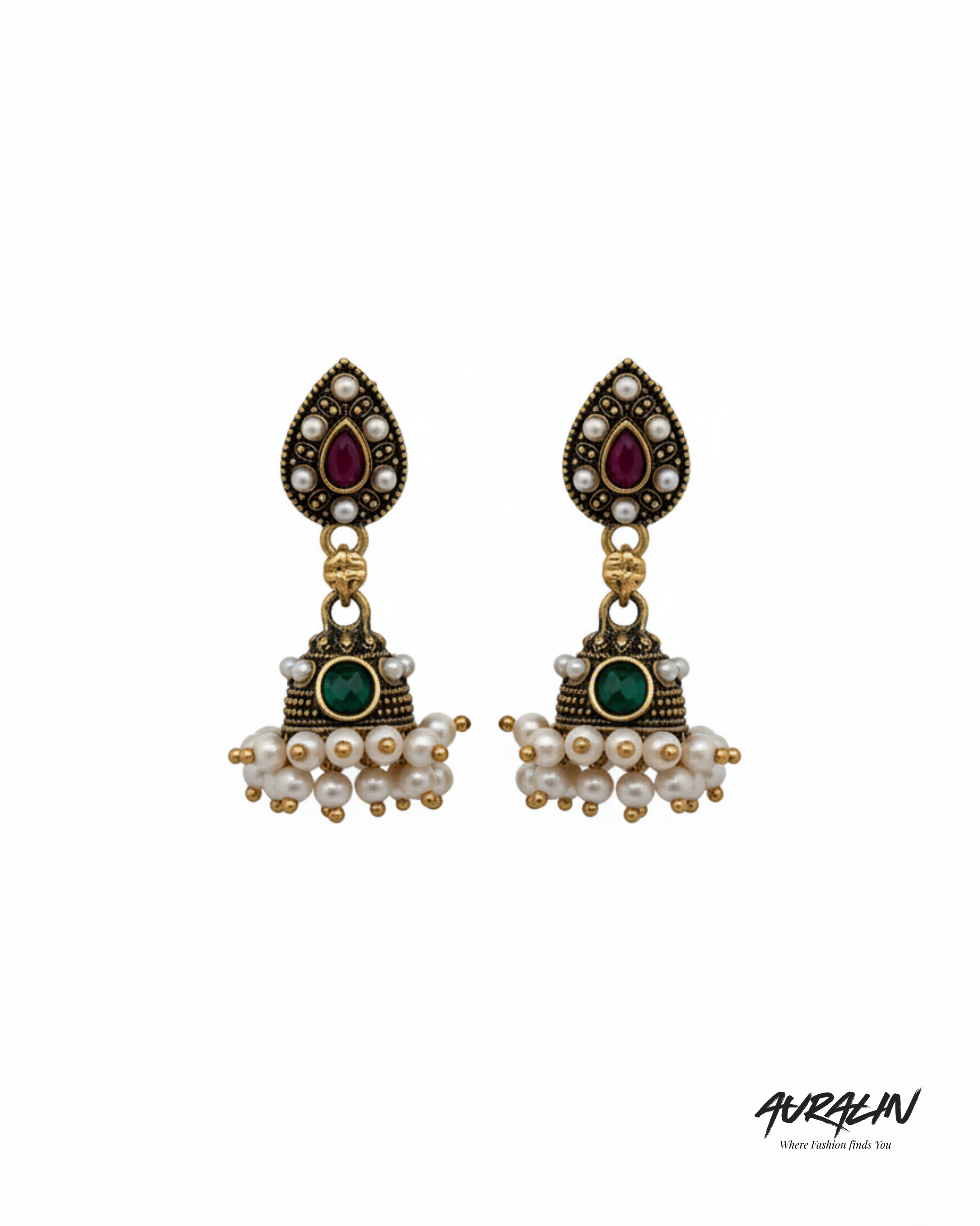 Auralin Pearl Drop Antique Jhumka Earrings