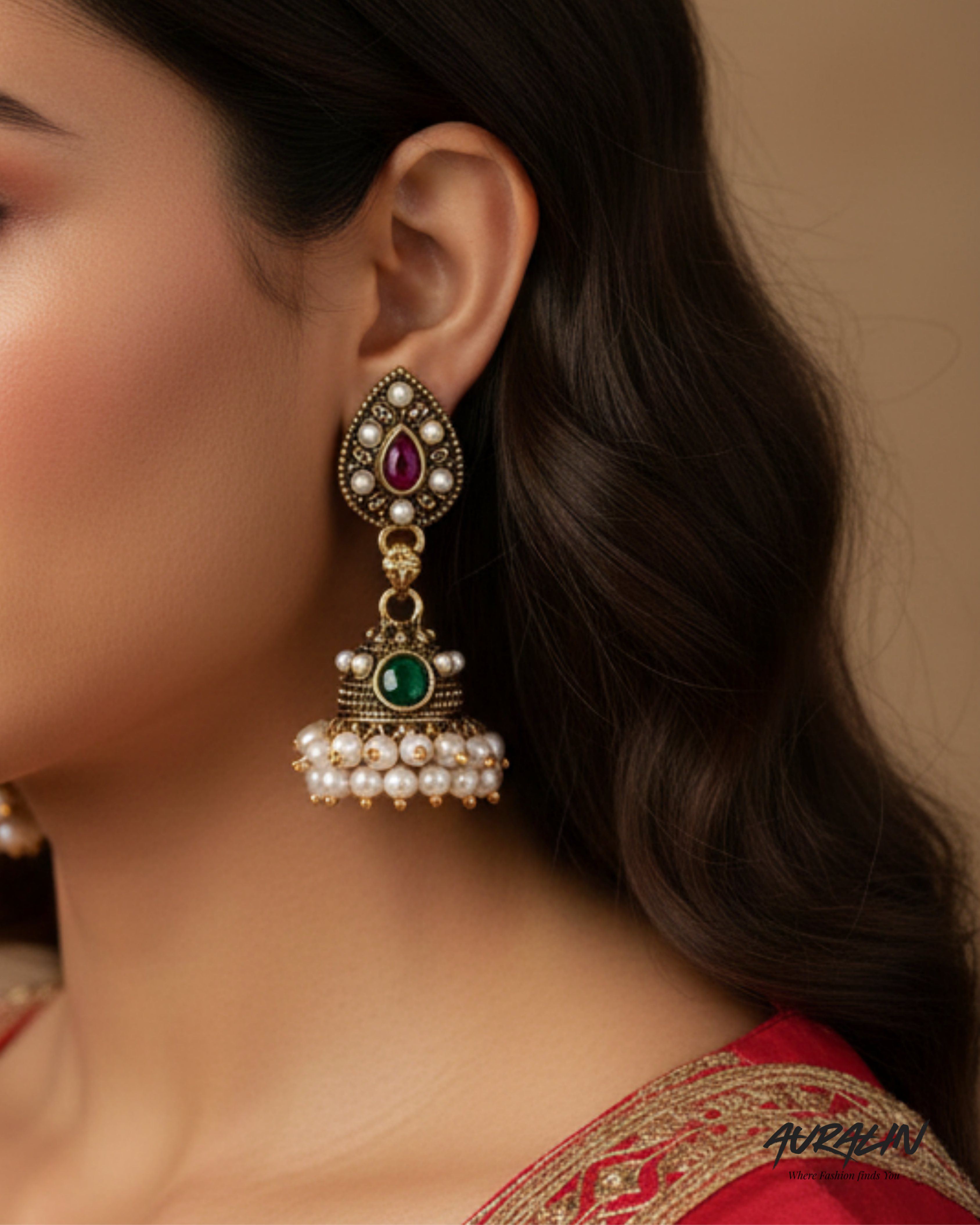 Auralin Pearl Drop Antique Jhumka Earrings