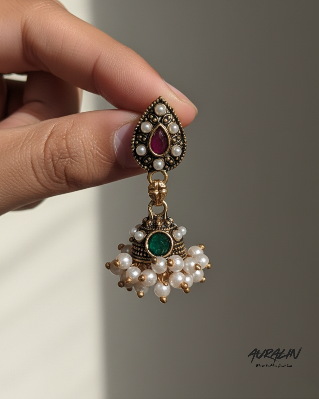 Auralin Pearl Drop Antique Jhumka Earrings