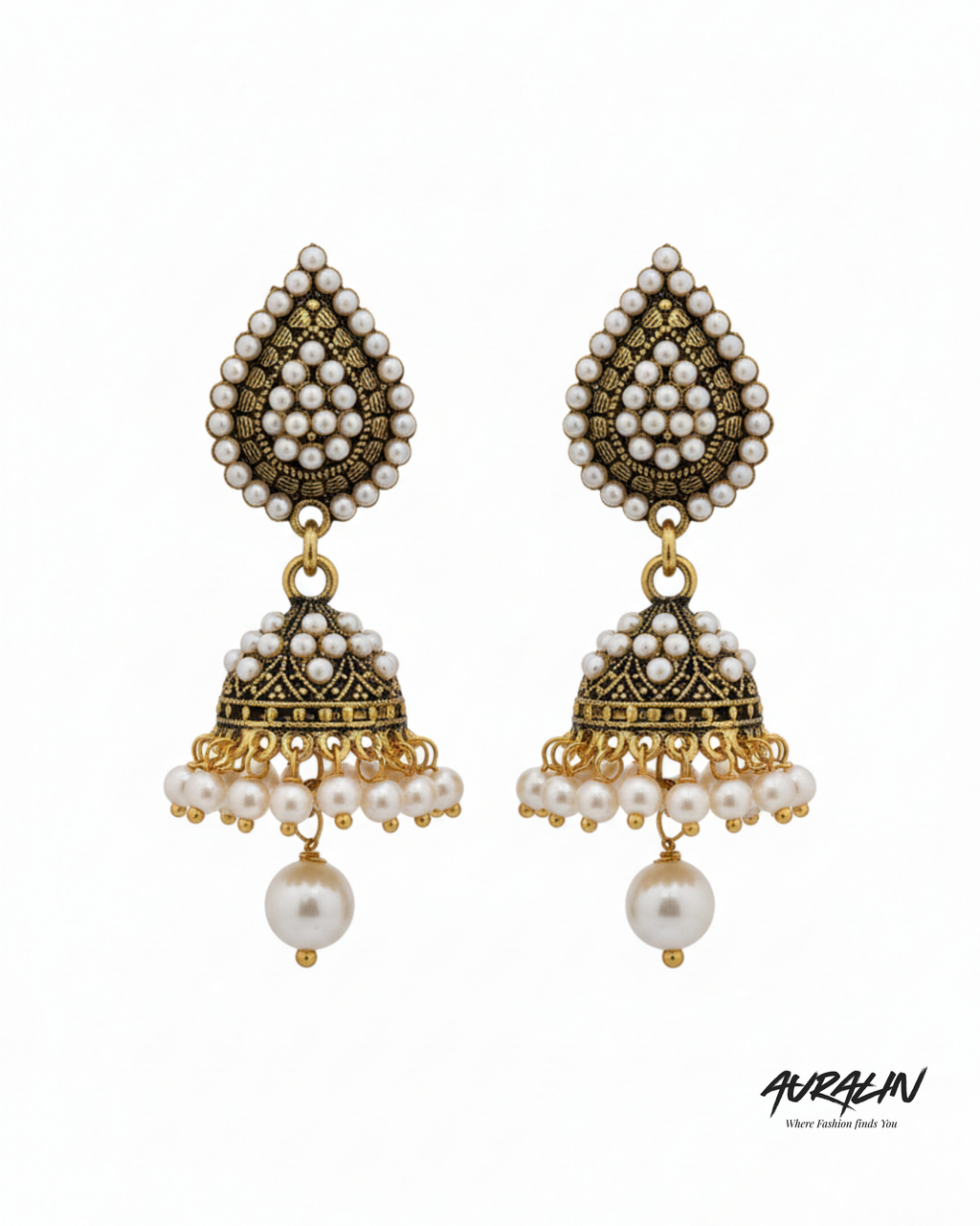 Auralin Royal Pearl Antique Jhumka Earrings