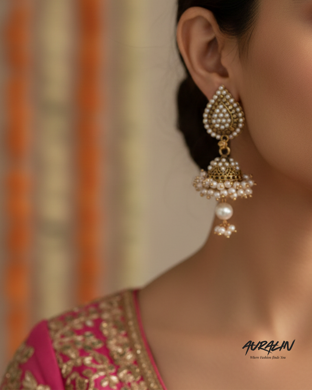 Auralin Royal Pearl Antique Jhumka Earrings