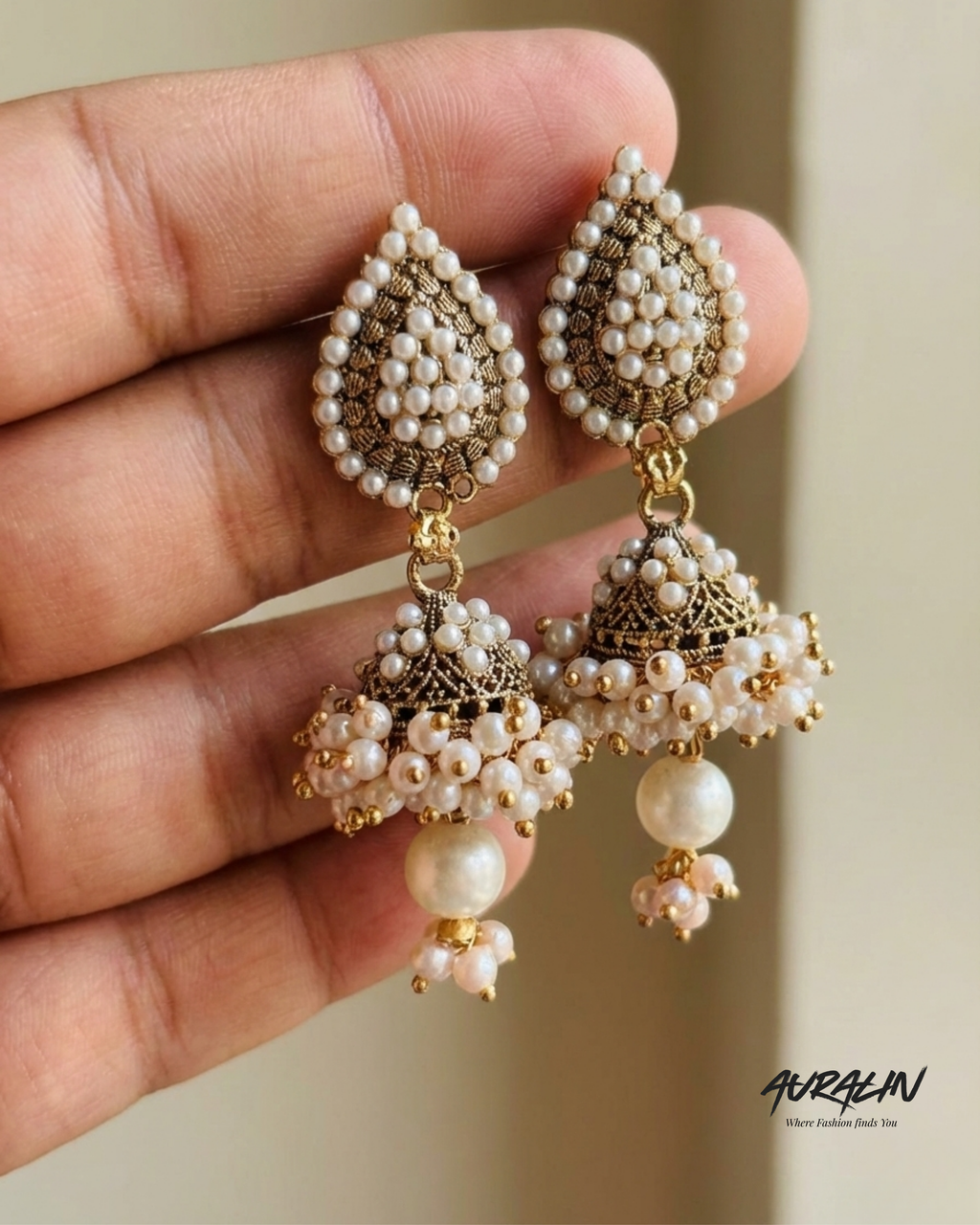 Auralin Royal Pearl Antique Jhumka Earrings