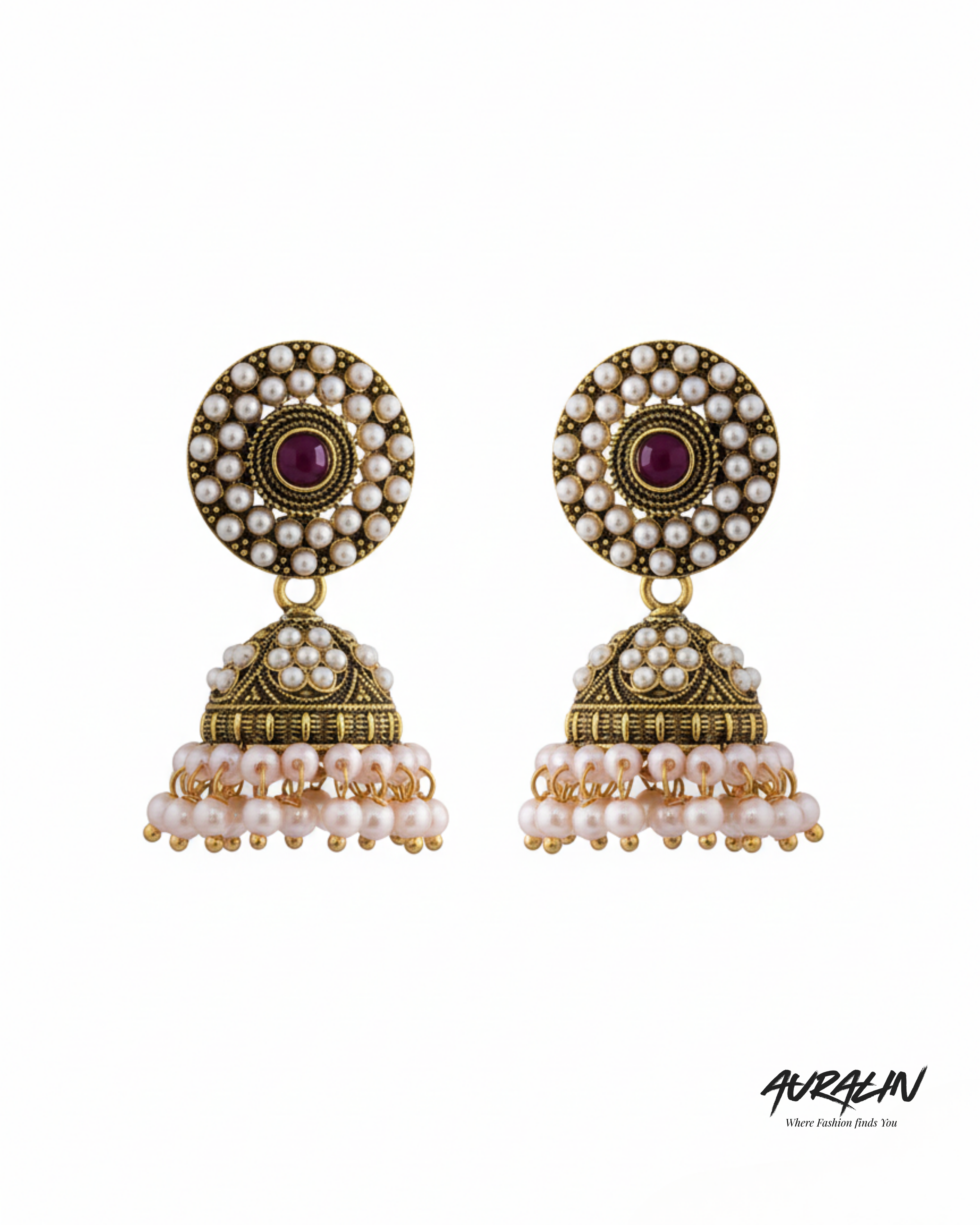 Auralin Classic Pearl Circle Antique Jhumka Earrings
