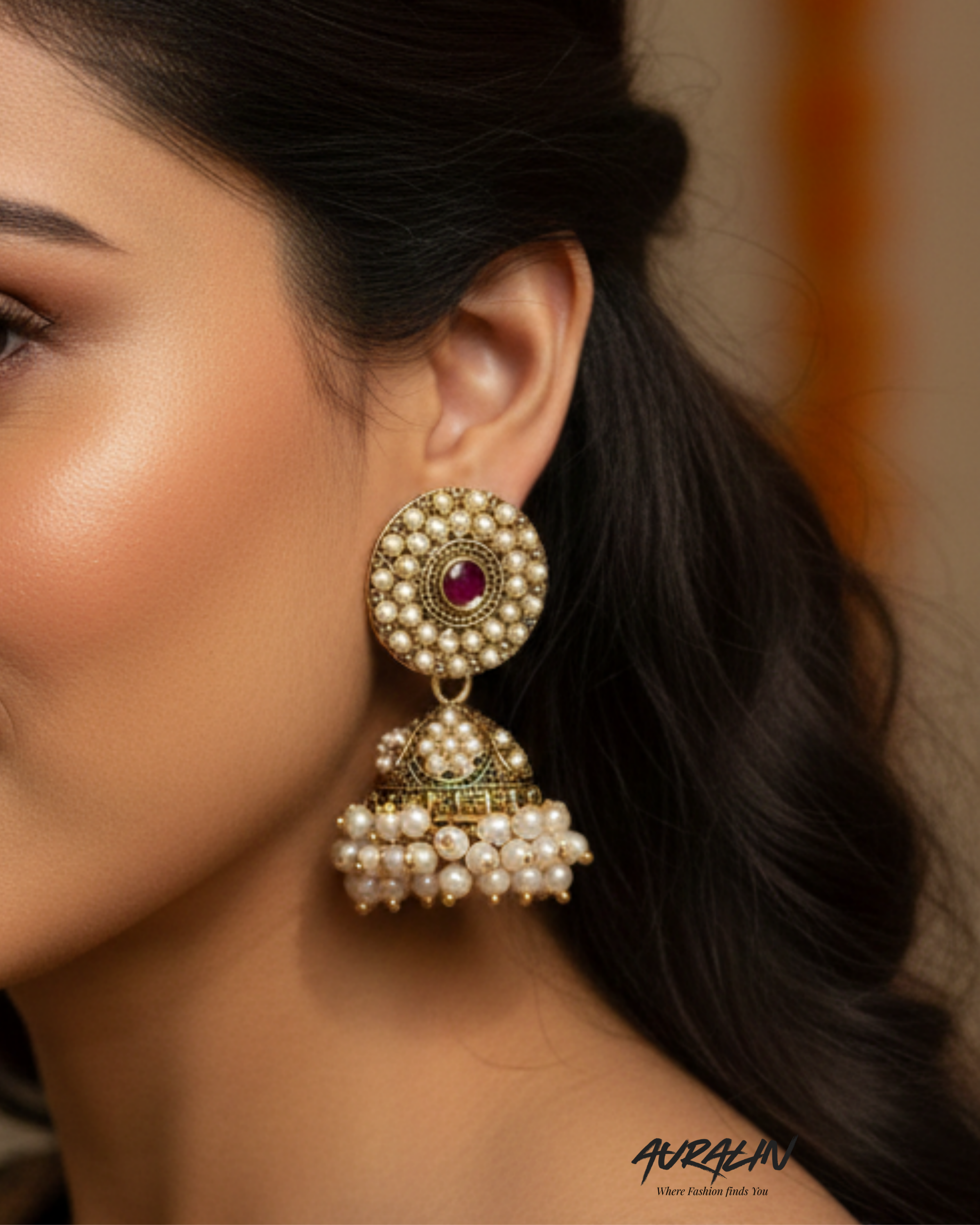 Auralin Classic Pearl Circle Antique Jhumka Earrings