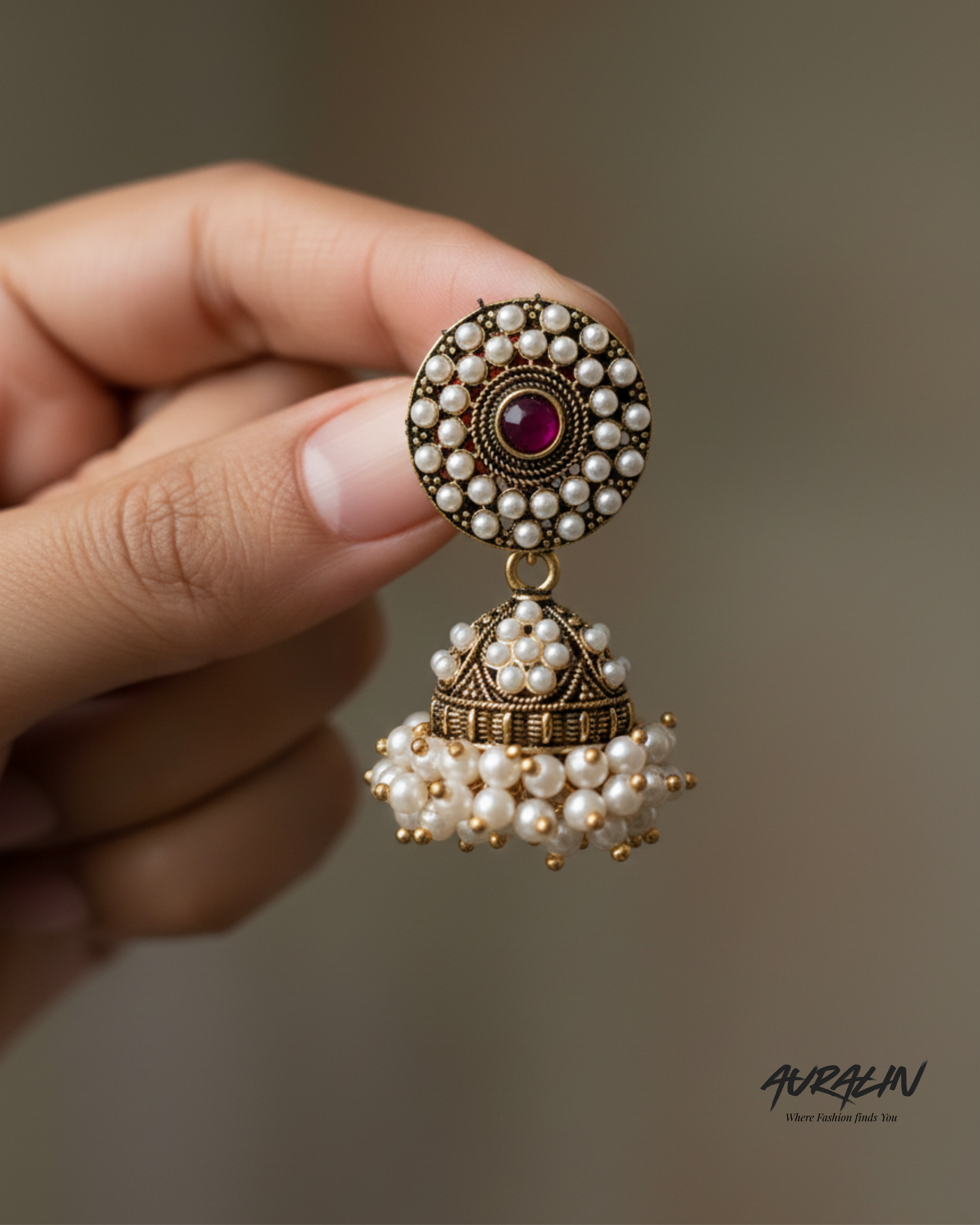 Auralin Classic Pearl Circle Antique Jhumka Earrings