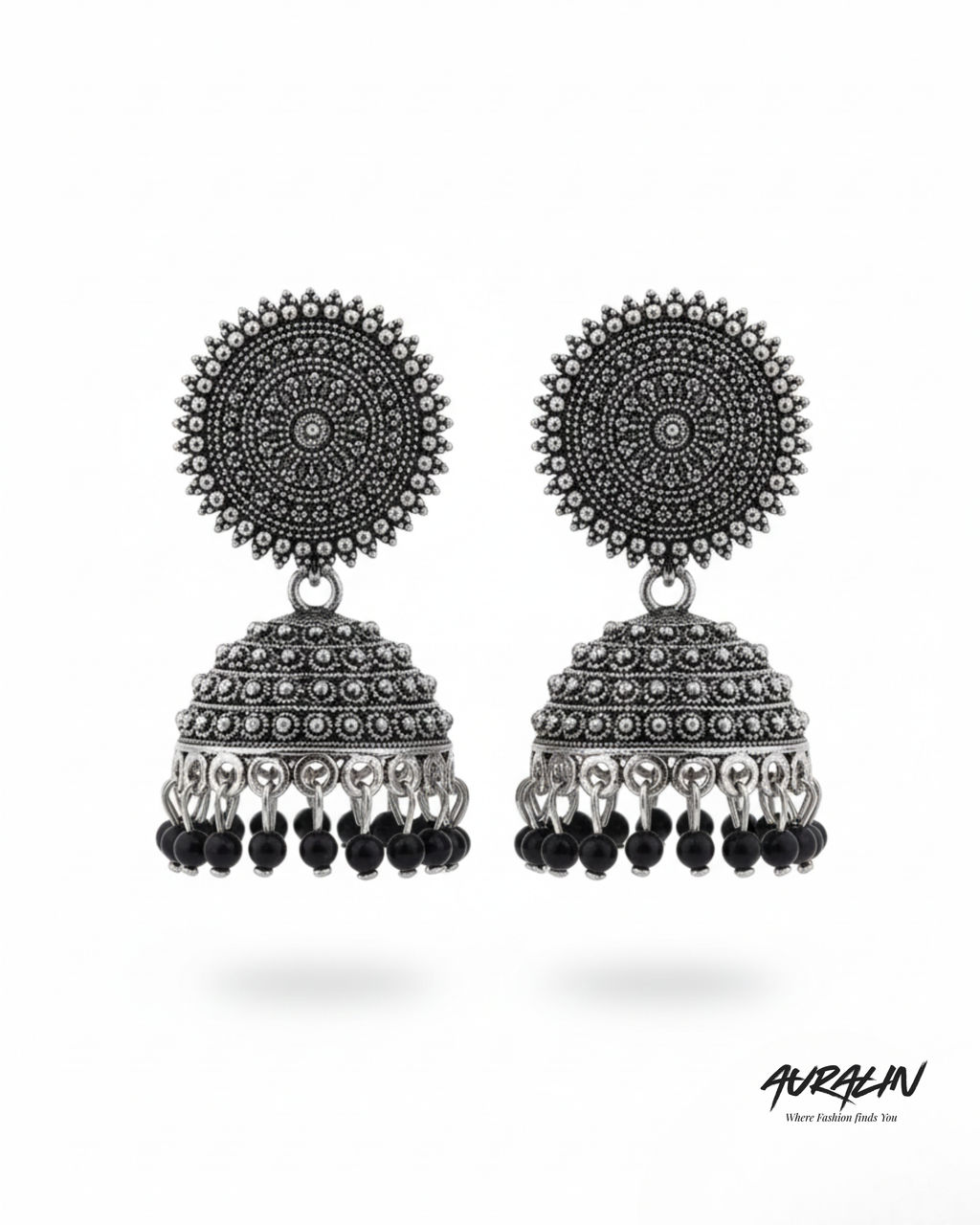 Auralin Oxidized Silver Black Bead Jhumka Earrings