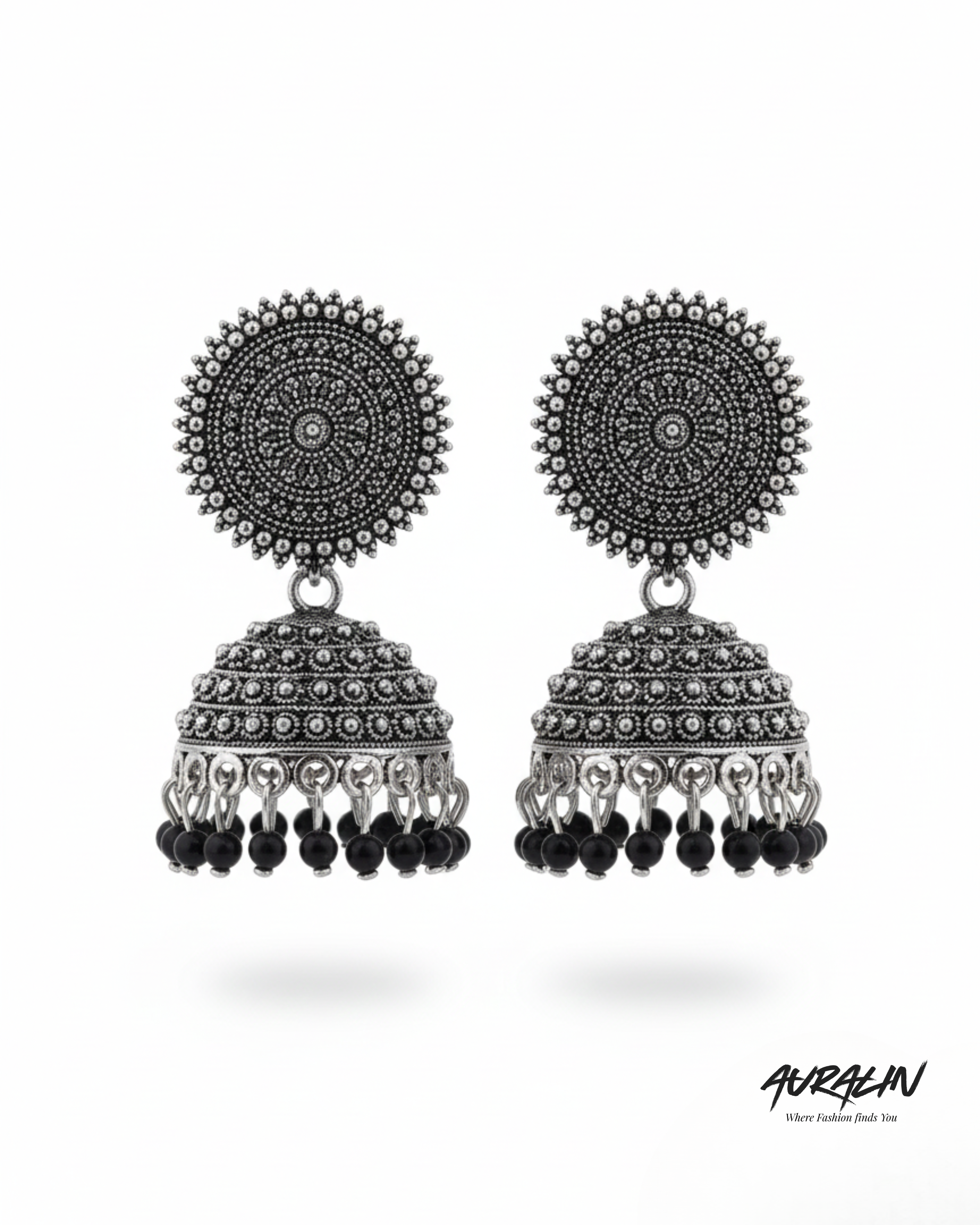 Auralin Oxidized Silver Black Bead Jhumka Earrings