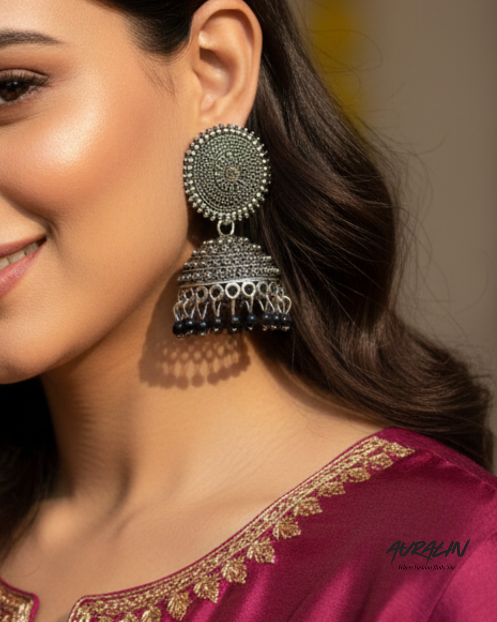 Auralin Oxidized Silver Black Bead Jhumka Earrings