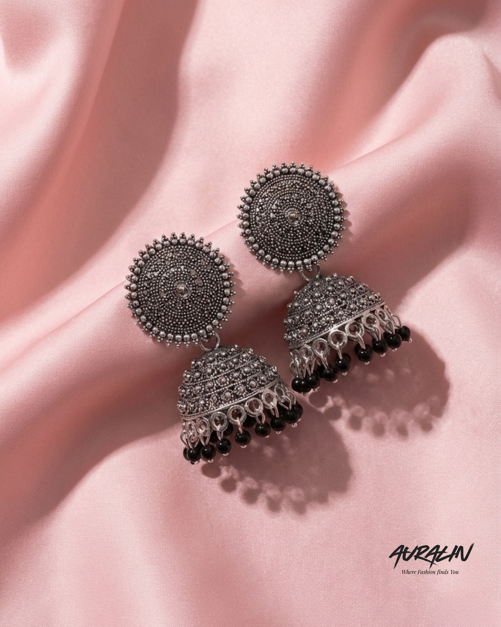Auralin Oxidized Silver Black Bead Jhumka Earrings