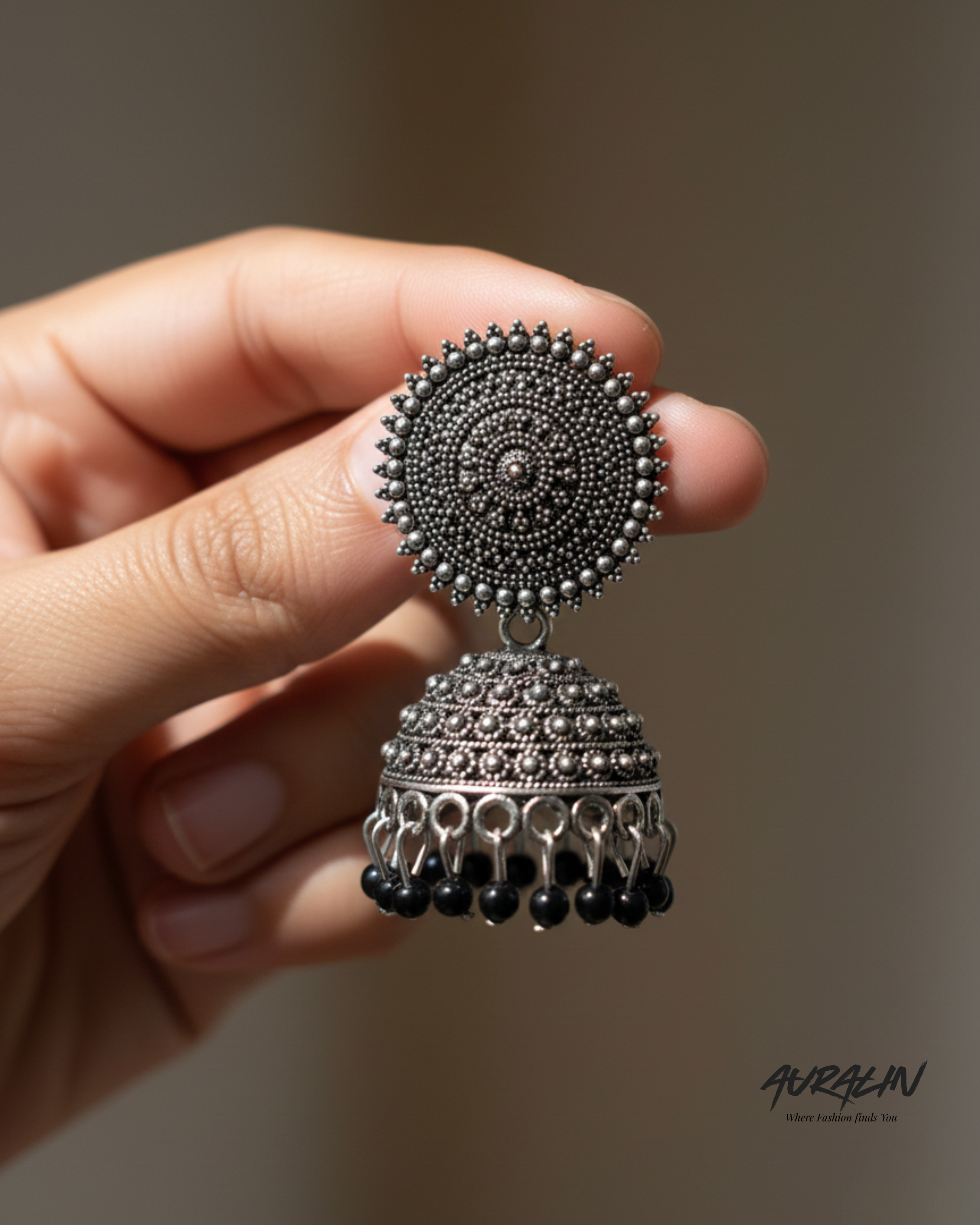 Auralin Oxidized Silver Black Bead Jhumka Earrings