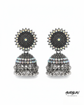 Auralin Oxidized Silver Crystal Studded Jhumka Earrings