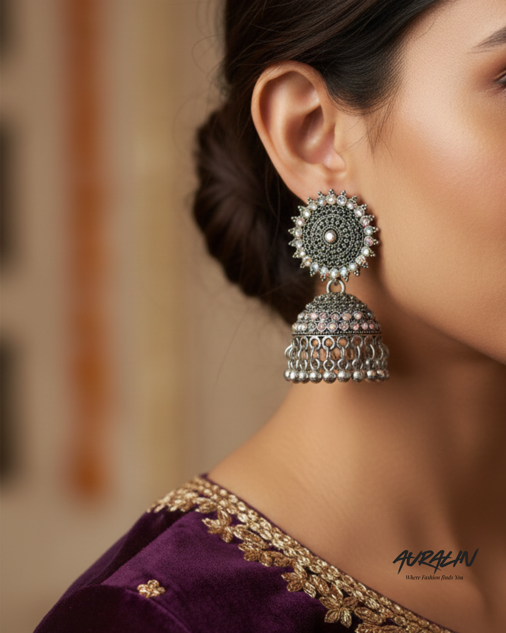 Auralin Oxidized Silver Crystal Studded Jhumka Earrings