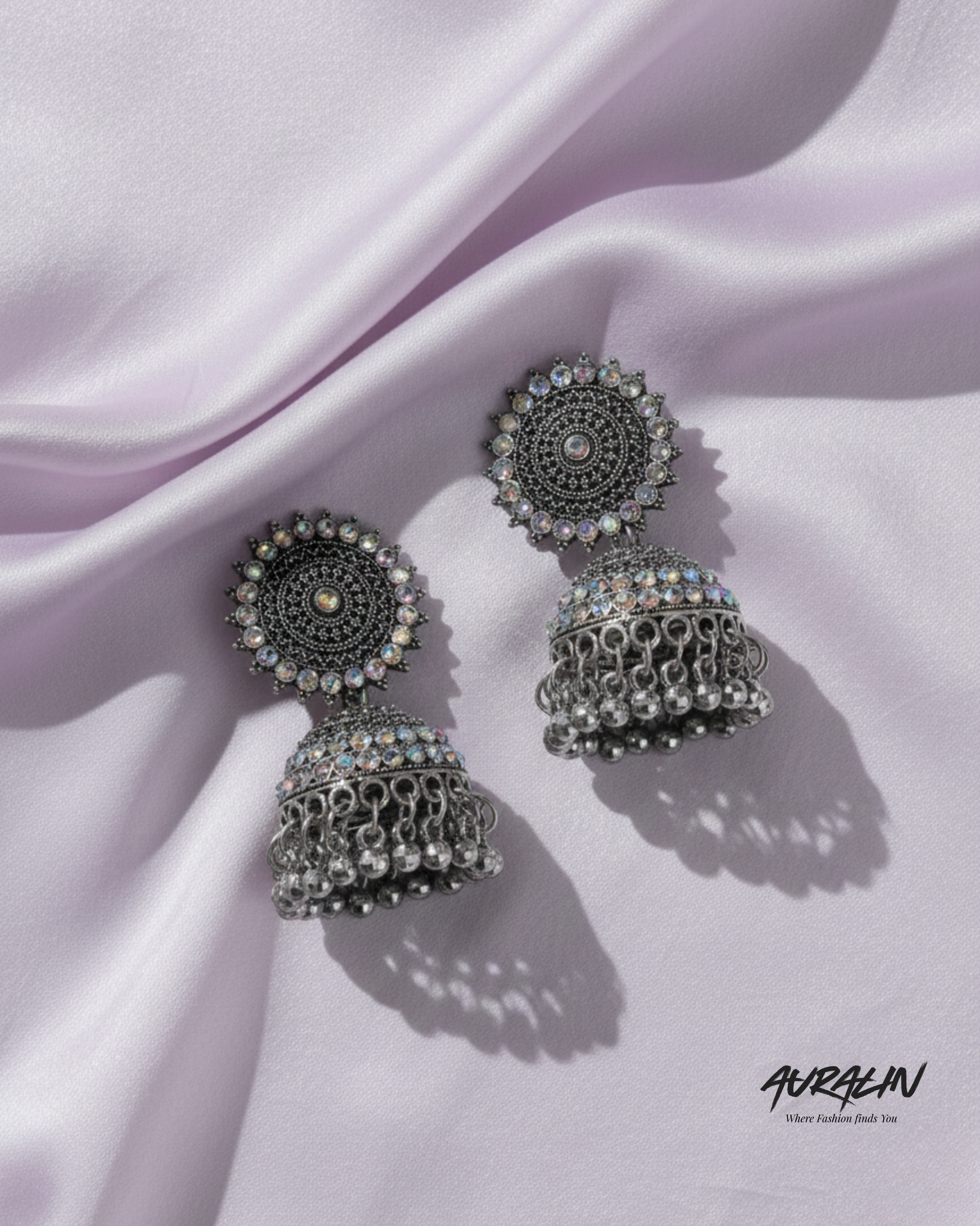 Auralin Oxidized Silver Crystal Studded Jhumka Earrings