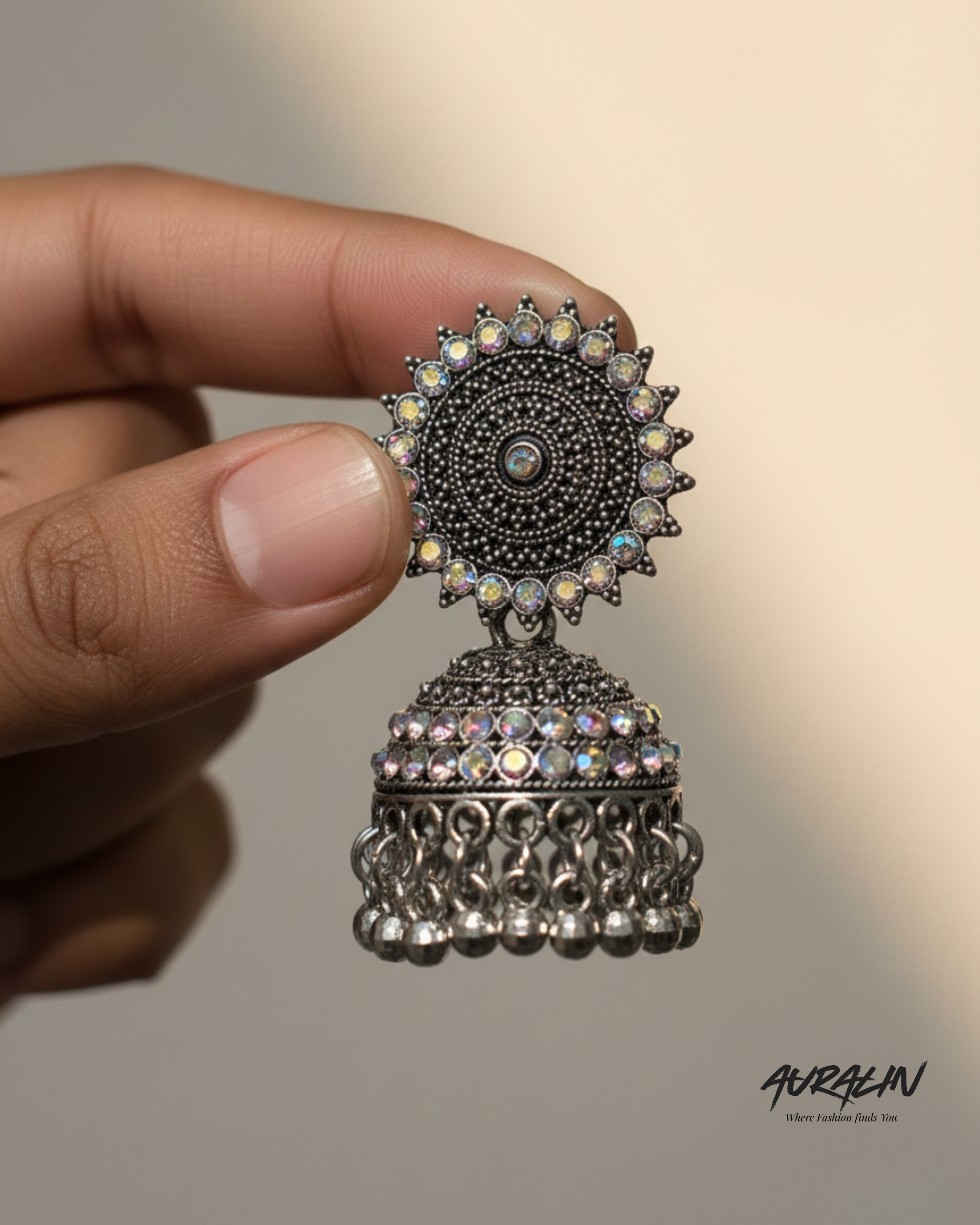 Auralin Oxidized Silver Crystal Studded Jhumka Earrings