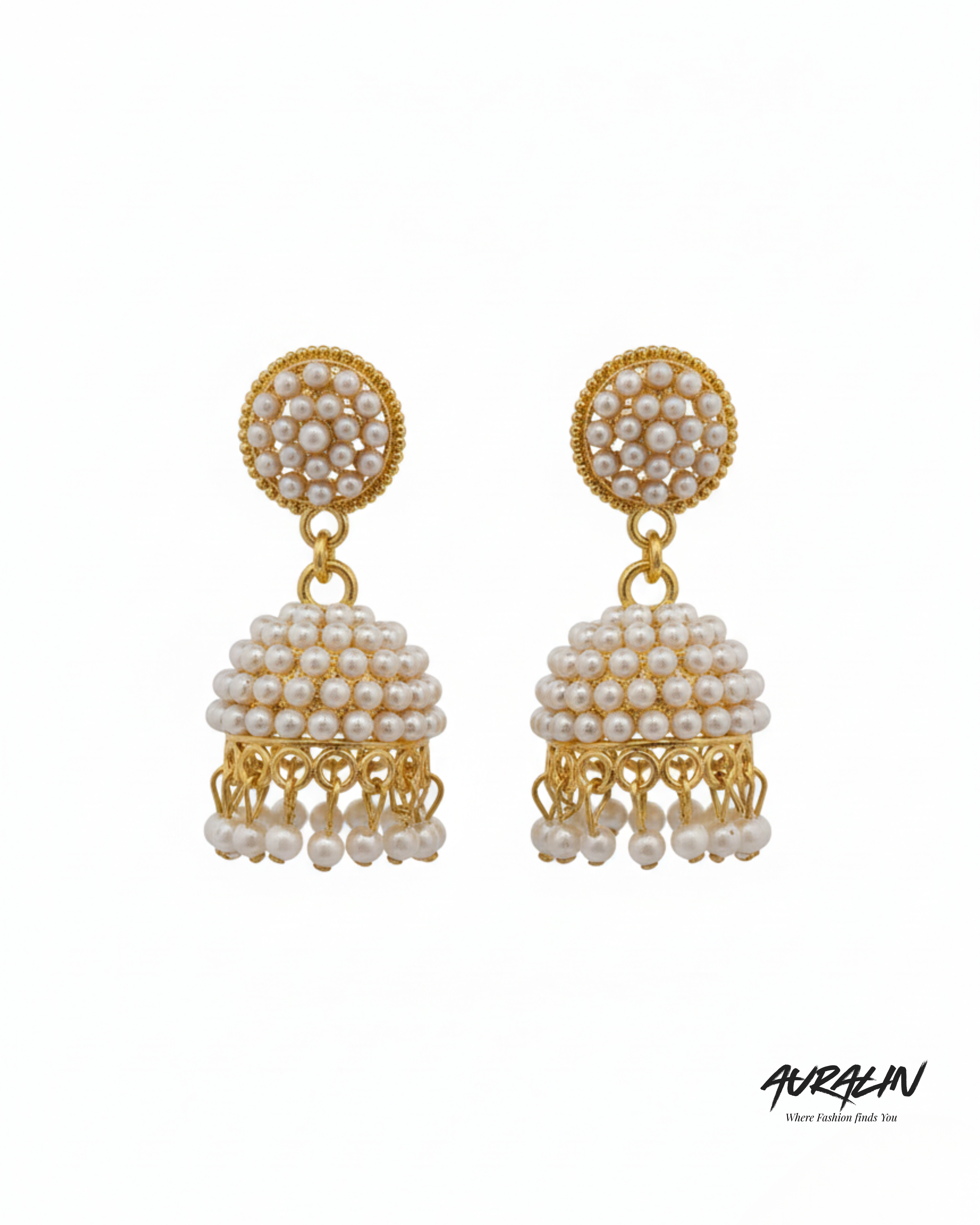Auralin Gold Pearl Cluster Jhumka Earrings