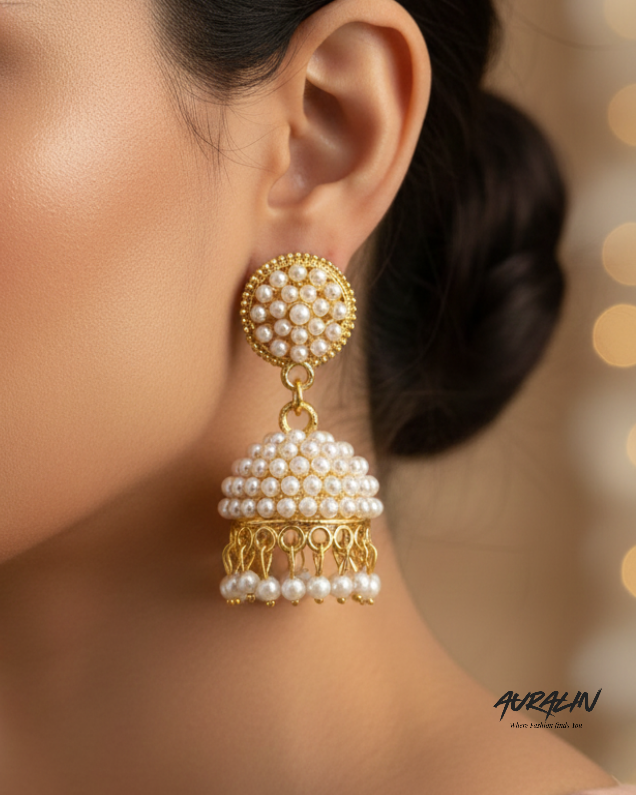 Auralin Gold Pearl Cluster Jhumka Earrings