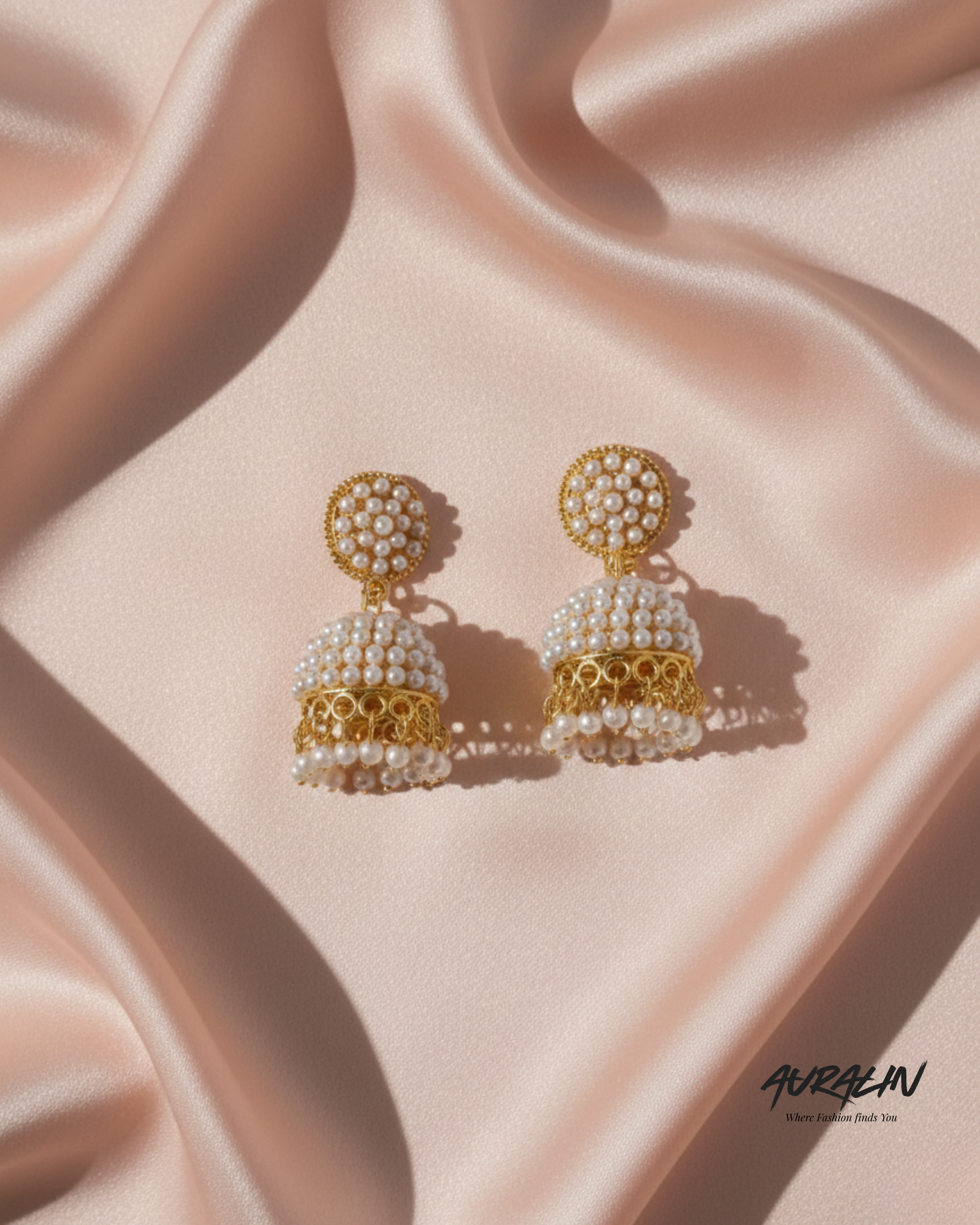 Auralin Gold Pearl Cluster Jhumka Earrings