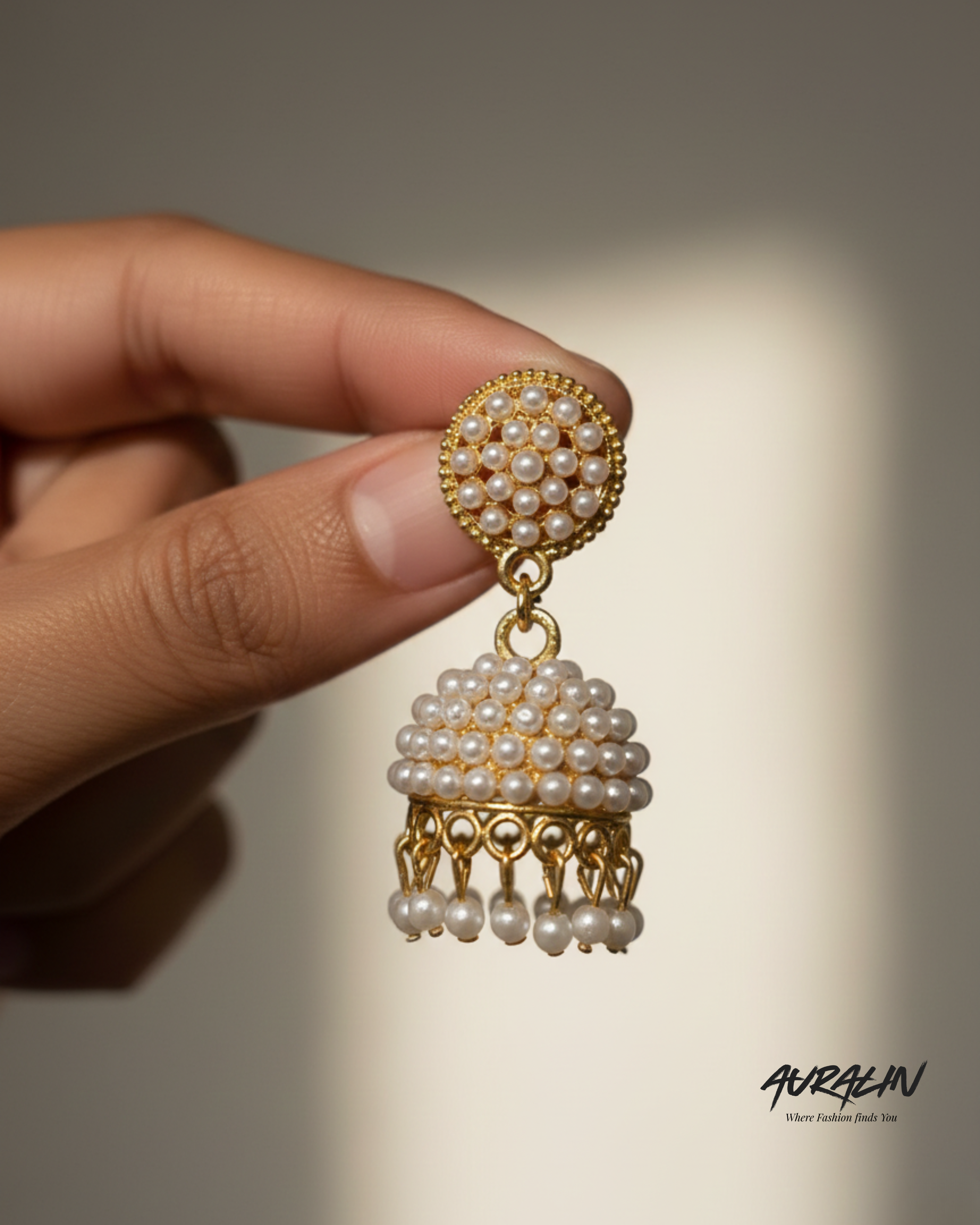 Auralin Gold Pearl Cluster Jhumka Earrings
