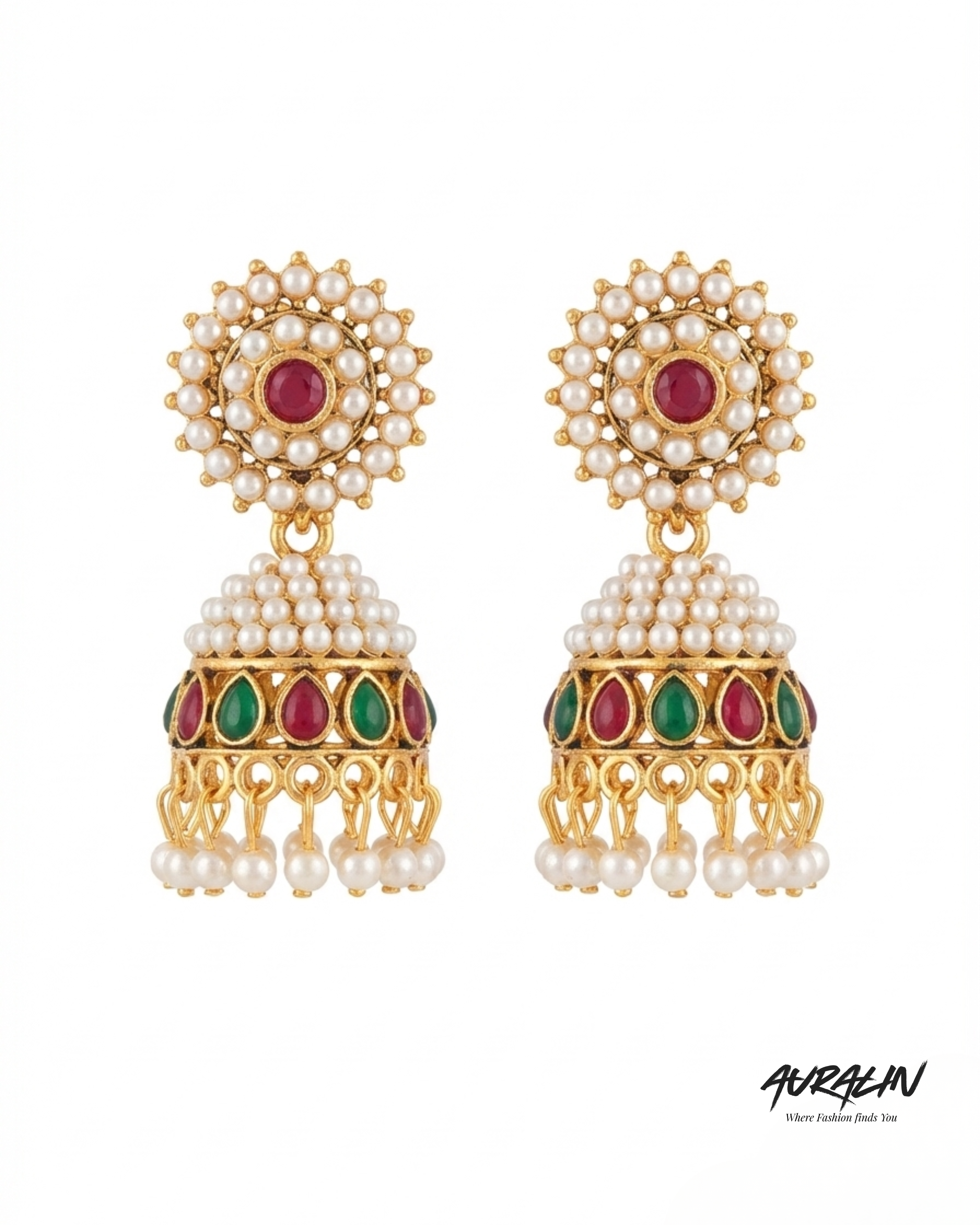Auralin Gold Ruby-Emerald Pearl Jhumka Earrings