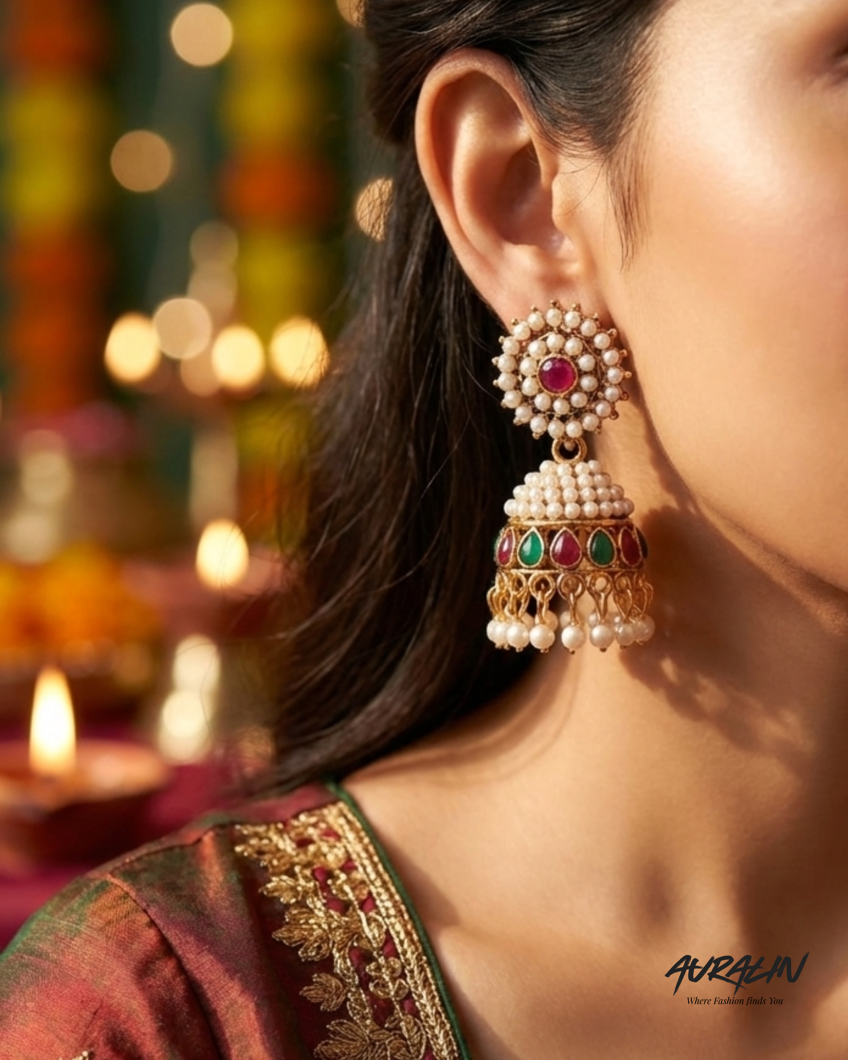 Auralin Gold Ruby-Emerald Pearl Jhumka Earrings
