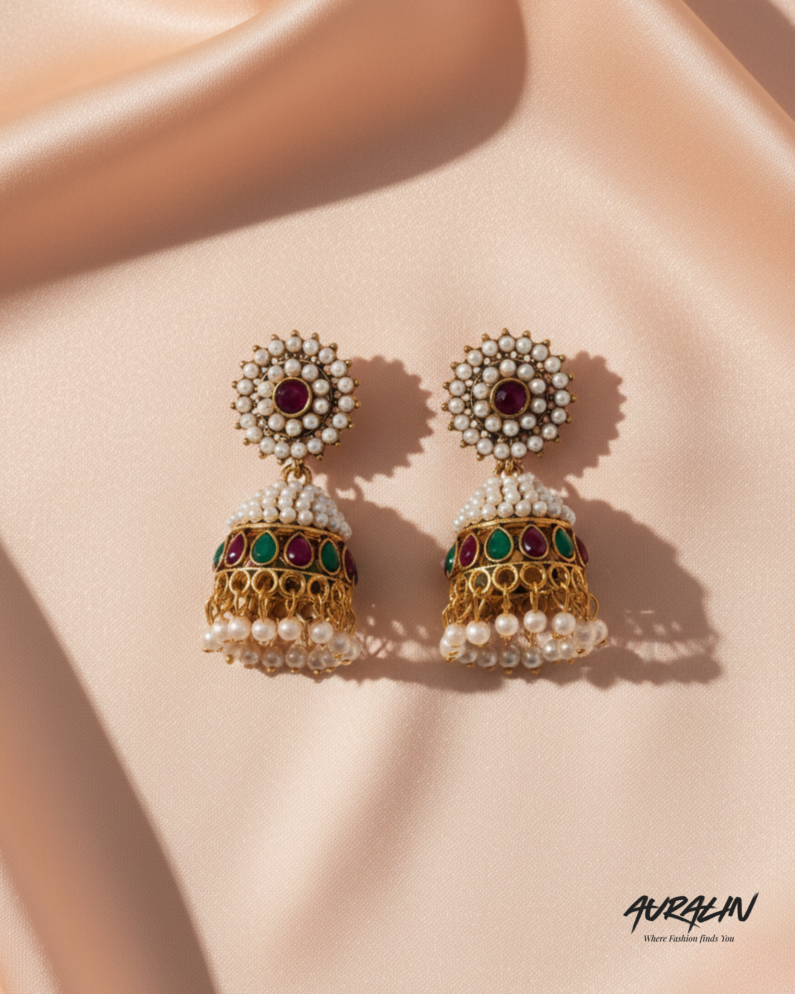 Auralin Gold Ruby-Emerald Pearl Jhumka Earrings