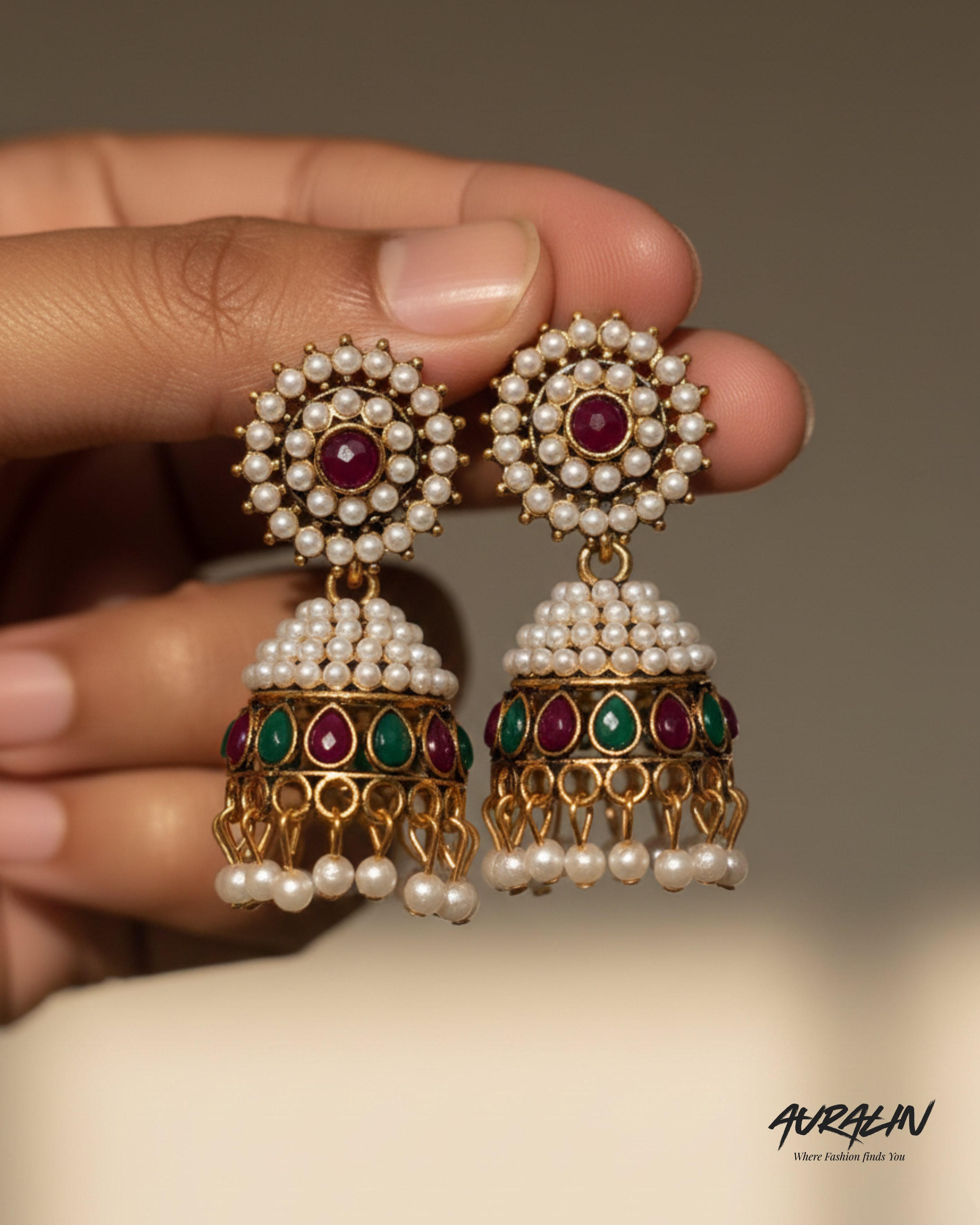 Auralin Gold Ruby-Emerald Pearl Jhumka Earrings