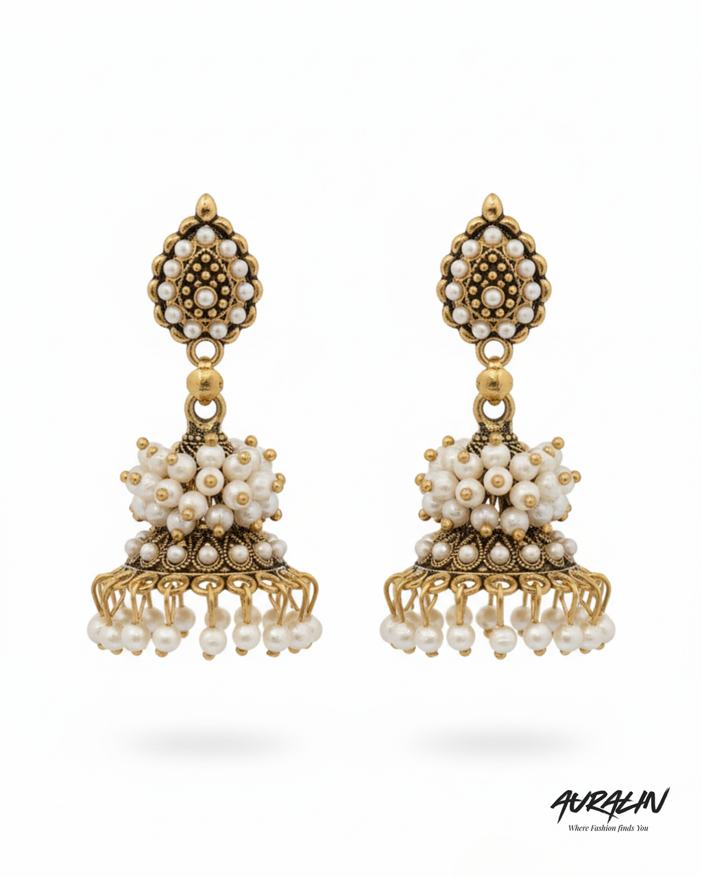 Auralin Antique Gold Pearl Drop Jhumka Earrings