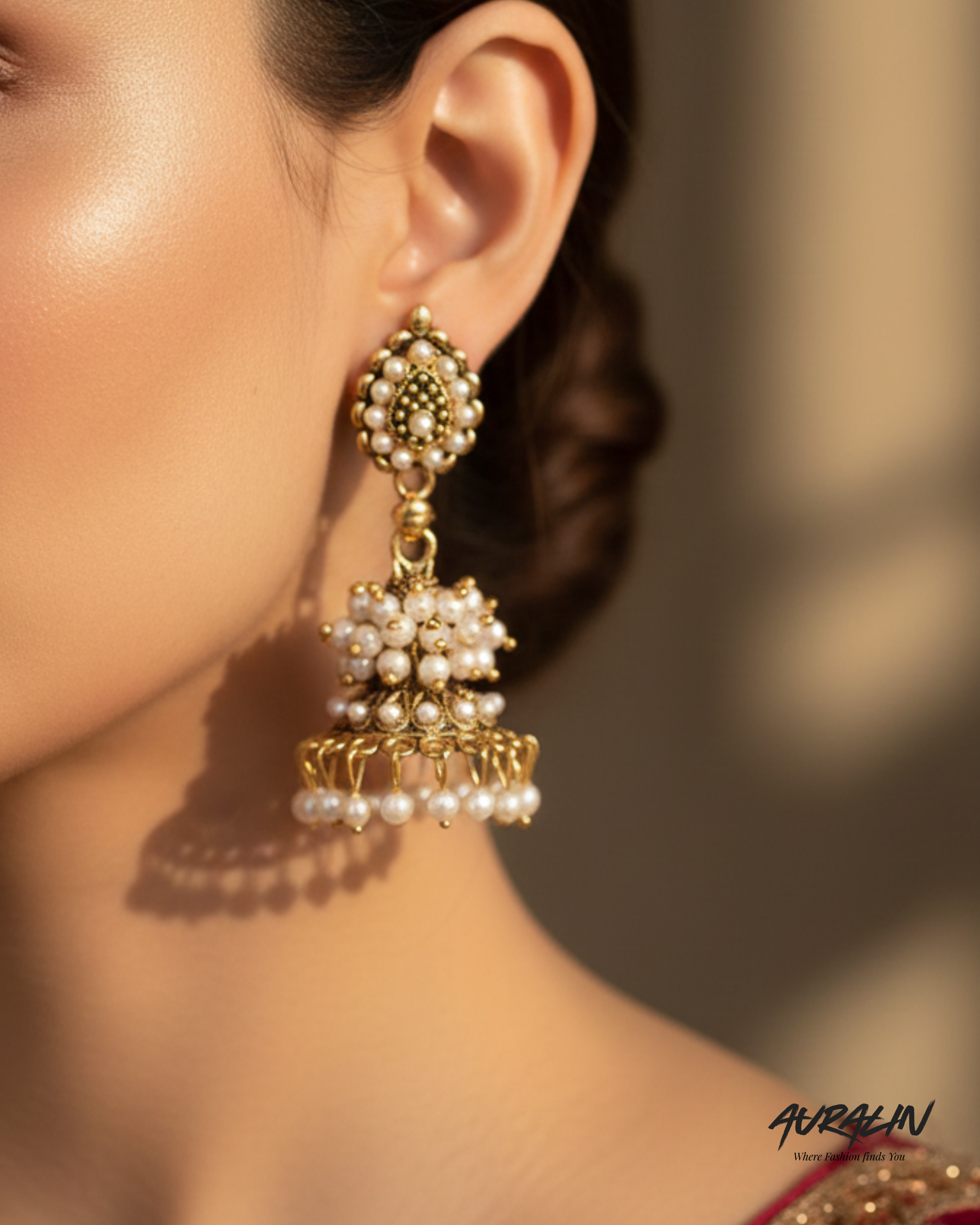 Auralin Antique Gold Pearl Drop Jhumka Earrings