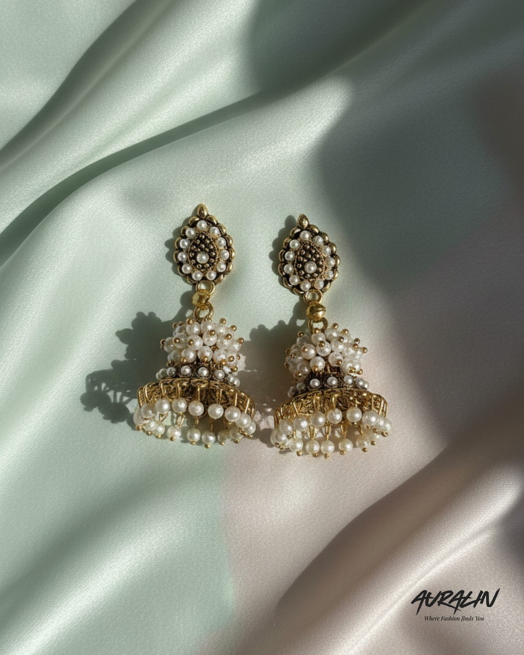 Auralin Antique Gold Pearl Drop Jhumka Earrings