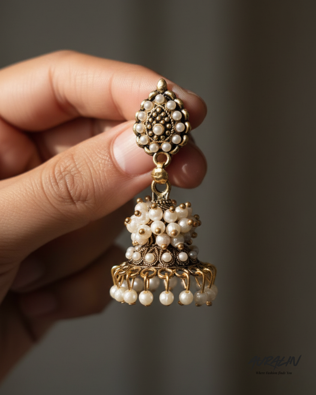 Auralin Antique Gold Pearl Drop Jhumka Earrings