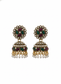 Auralin Antique Gold Ruby-Emerald Pearl Jhumka Earrings