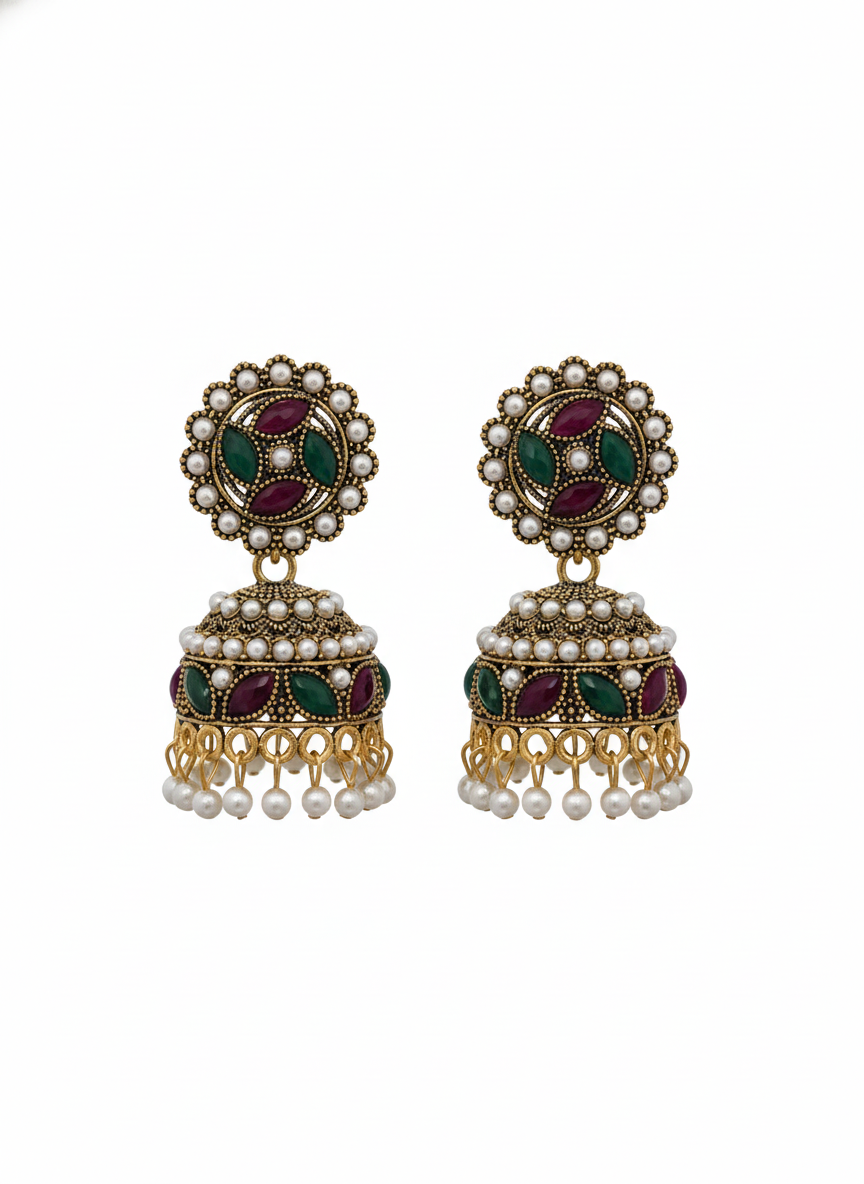 Auralin Antique Gold Ruby-Emerald Pearl Jhumka Earrings