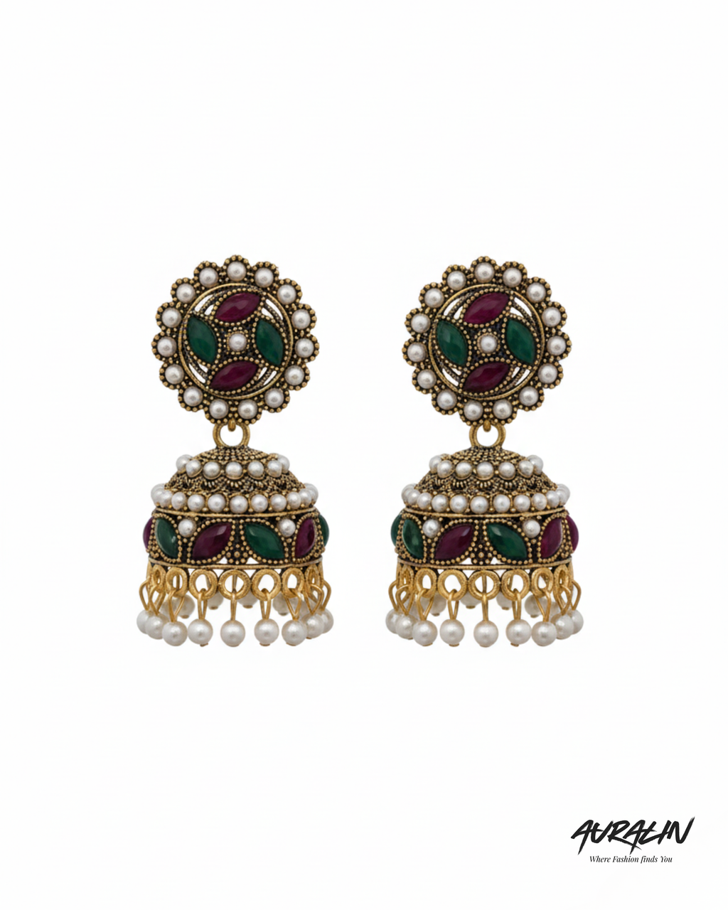 Auralin Antique Gold Ruby-Emerald Pearl Jhumka Earrings