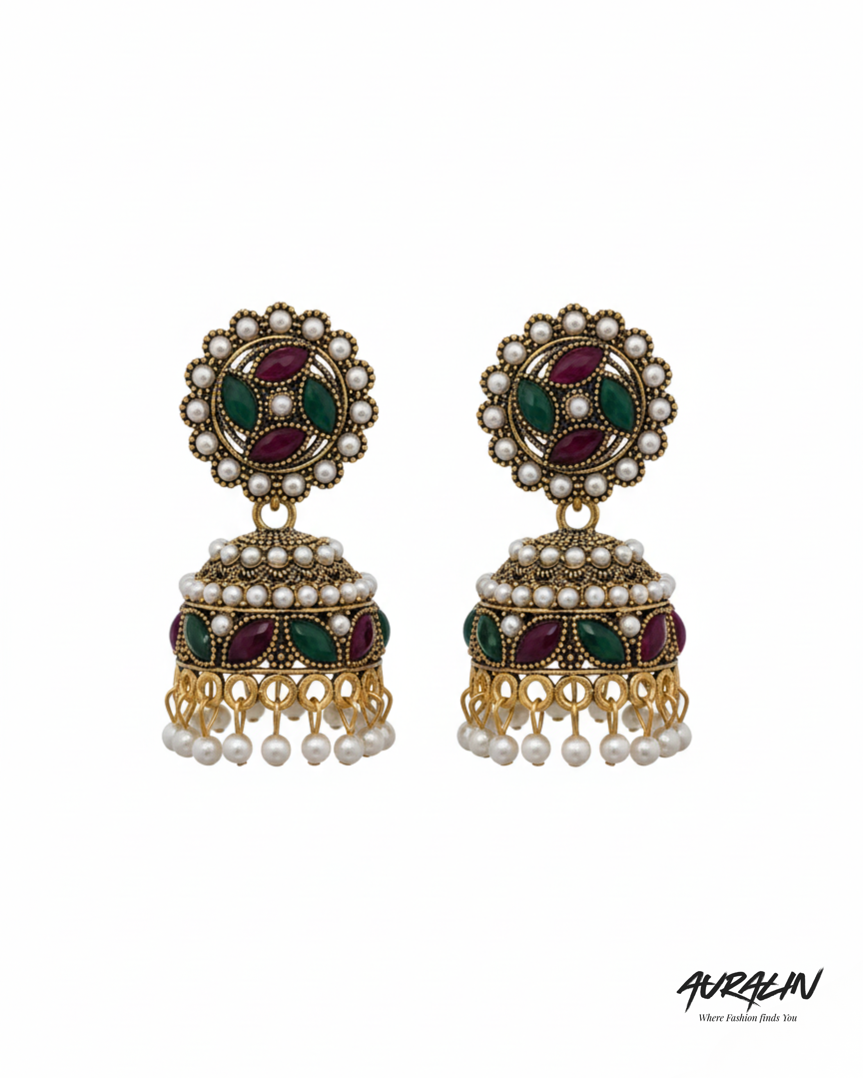 Auralin Antique Gold Ruby-Emerald Pearl Jhumka Earrings