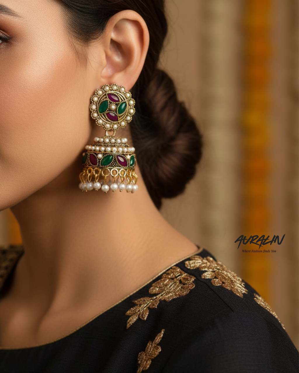 Auralin Antique Gold Ruby-Emerald Pearl Jhumka Earrings