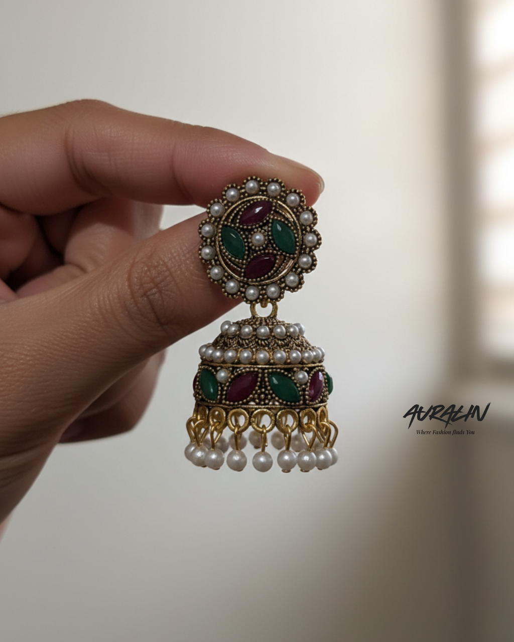 Auralin Antique Gold Ruby-Emerald Pearl Jhumka Earrings
