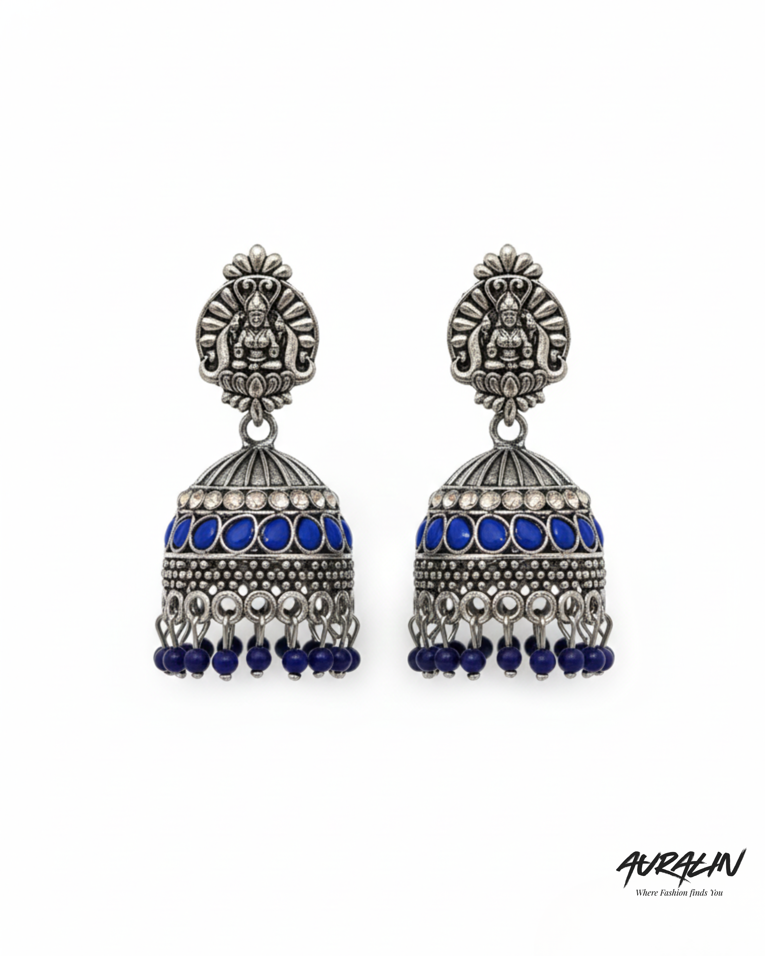 Auralin Oxidised Silver Blue Stone Temple Jhumka Earrings