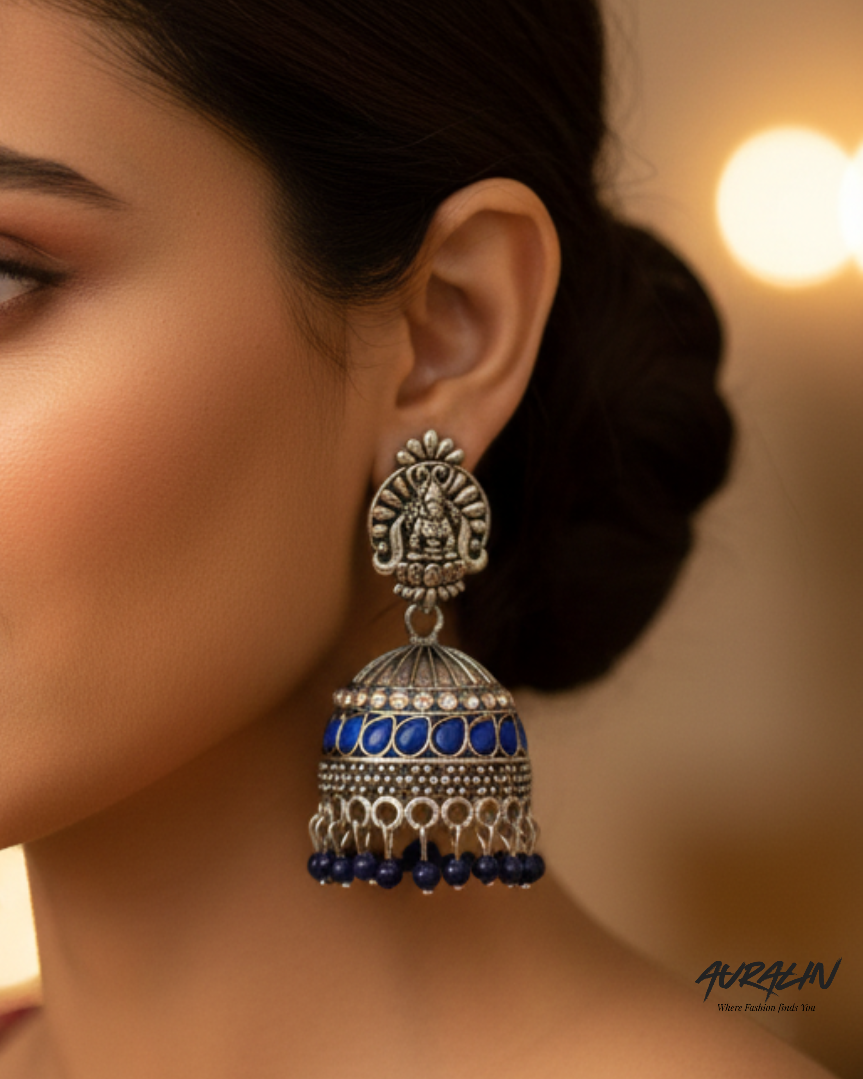 Auralin Oxidised Silver Blue Stone Temple Jhumka Earrings