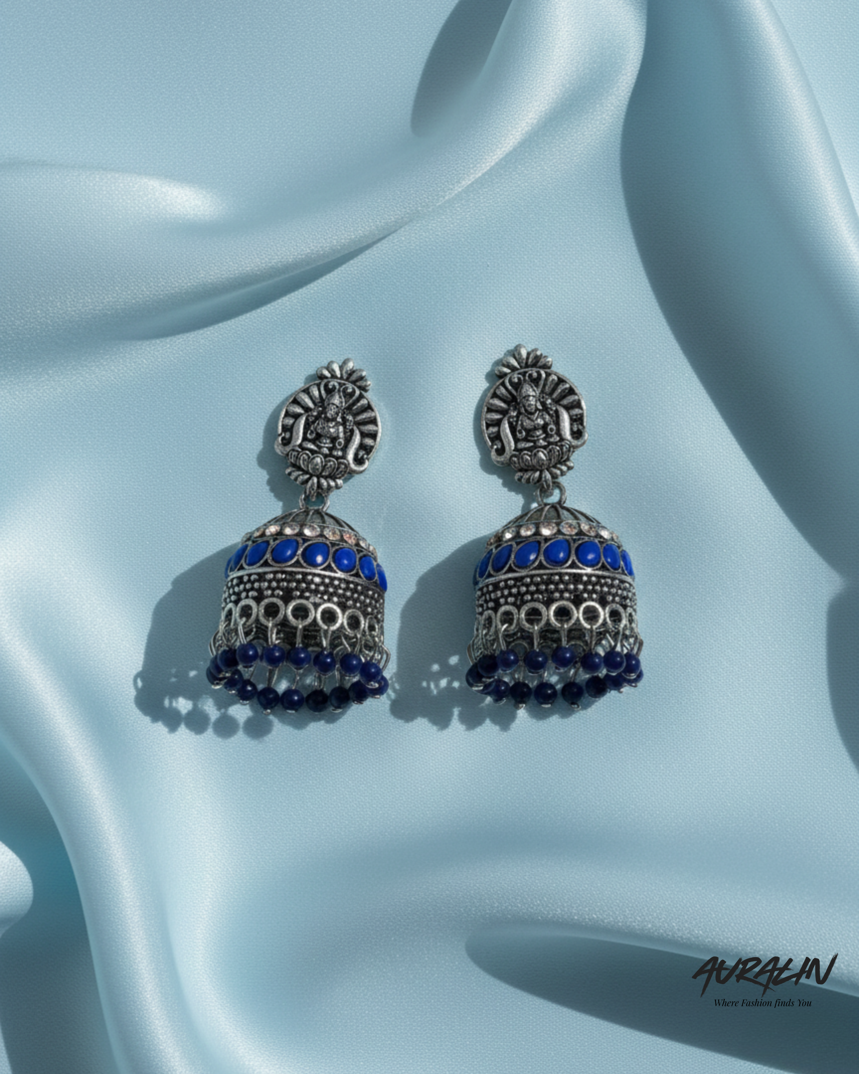 Auralin Oxidised Silver Blue Stone Temple Jhumka Earrings