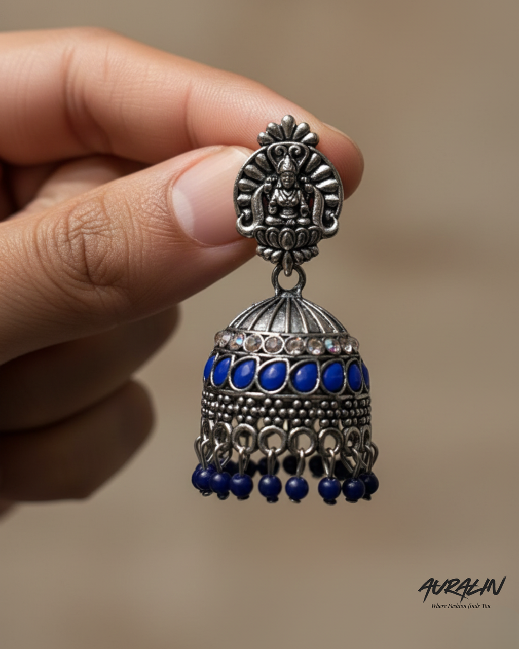 Auralin Oxidised Silver Blue Stone Temple Jhumka Earrings