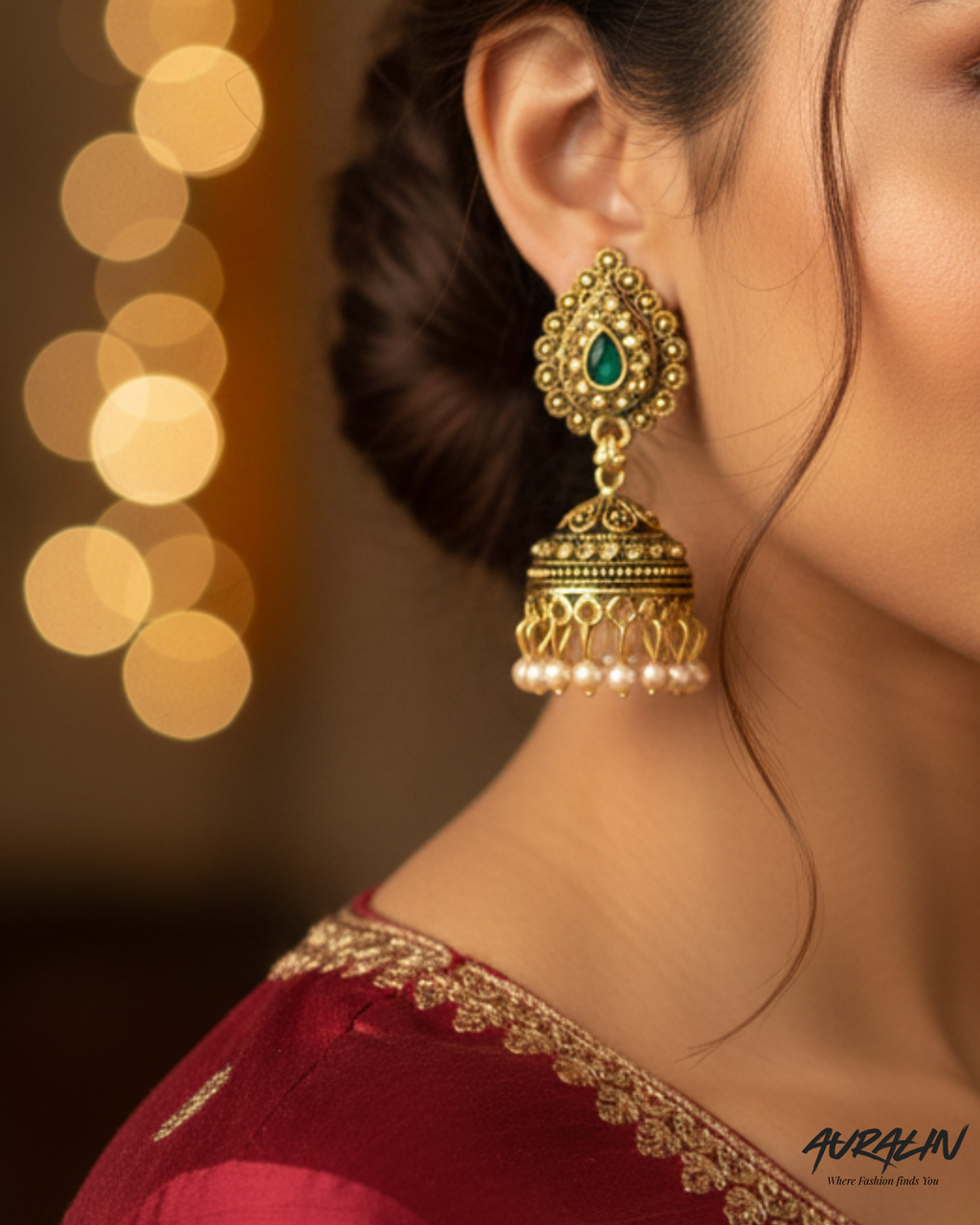 Auralin Antique Gold Jhumka Earrings with Green Stone & Pearl Drops