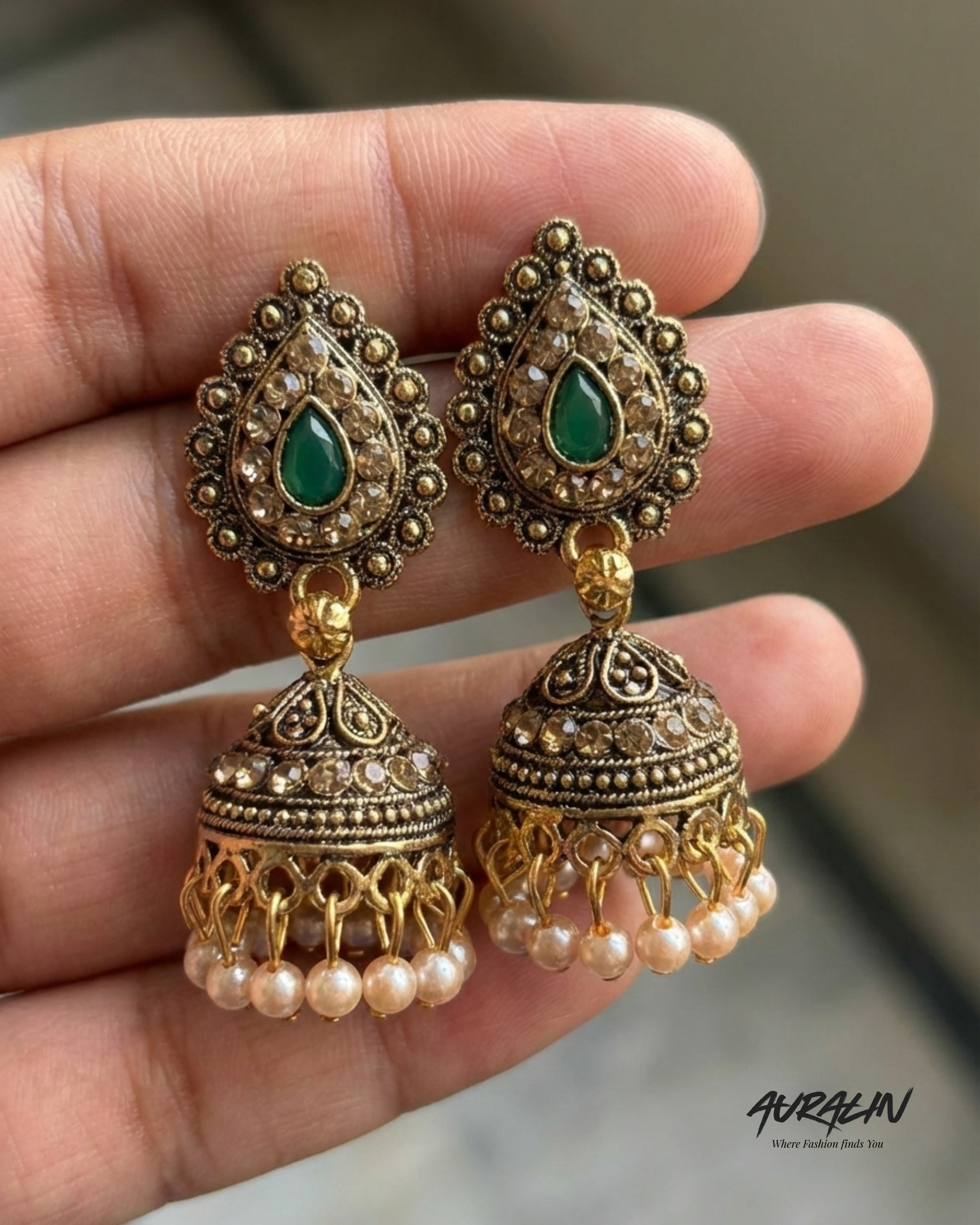 Auralin Antique Gold Jhumka Earrings with Green Stone & Pearl Drops