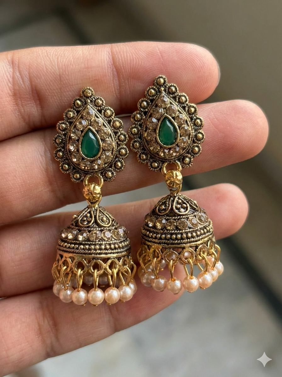 Auralin Antique Gold Jhumka Earrings with Green Stone & Pearl Drops