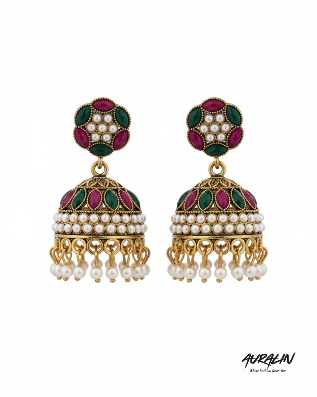Auralin Antique Gold Multicolor Jhumka Earrings with Pearl Drops