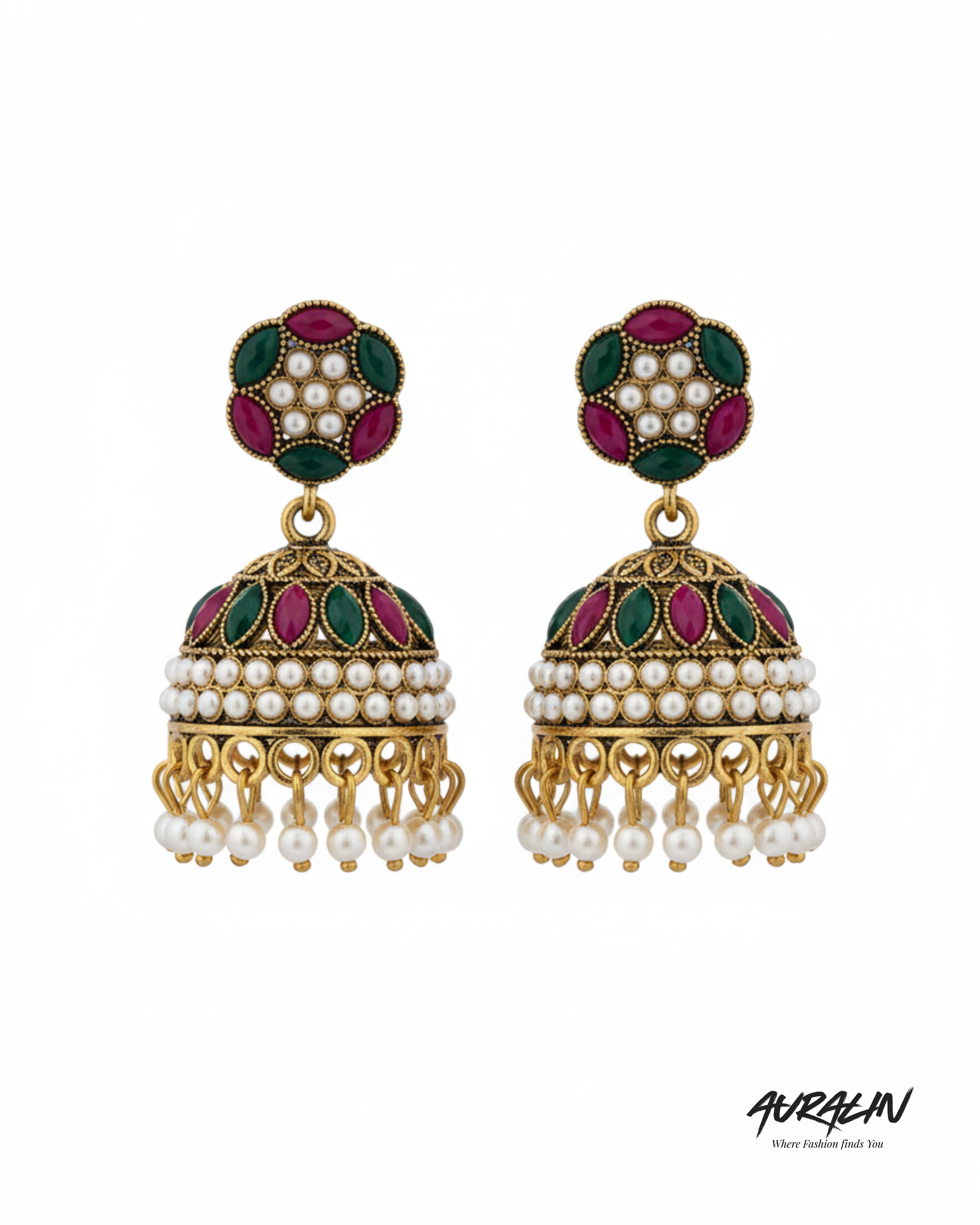 Auralin Antique Gold Multicolor Jhumka Earrings with Pearl Drops
