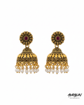 Auralin Antique Gold Ruby Pearl Jhumka Earrings
