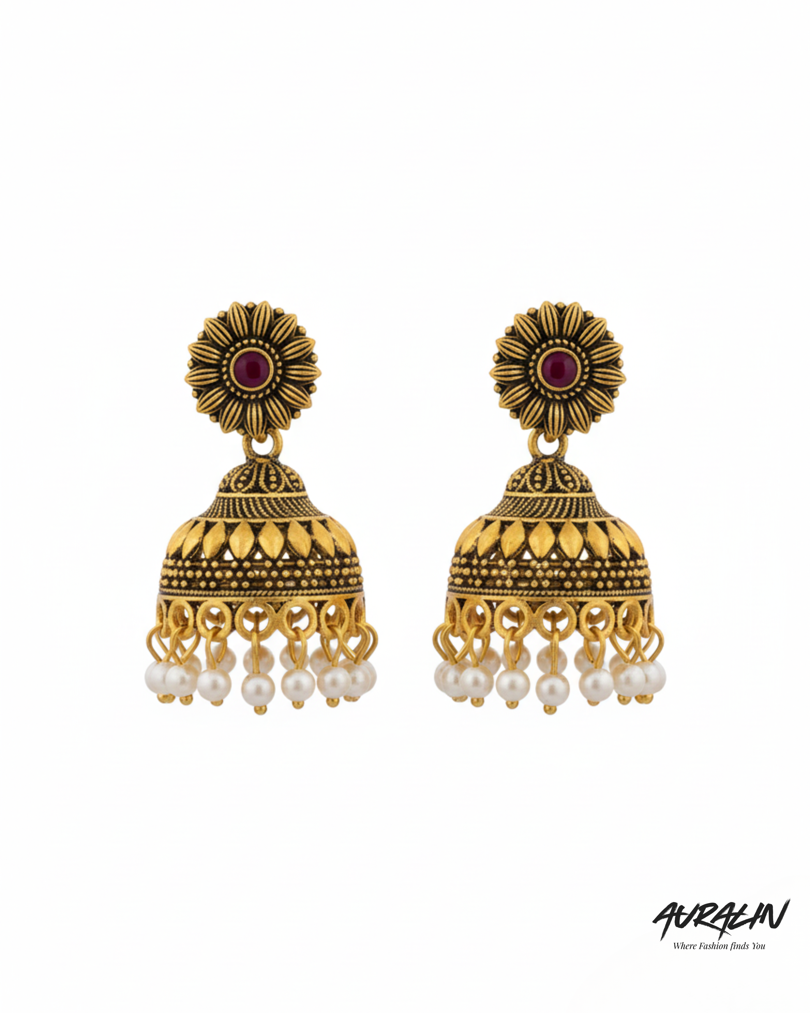 Auralin Antique Gold Ruby Pearl Jhumka Earrings